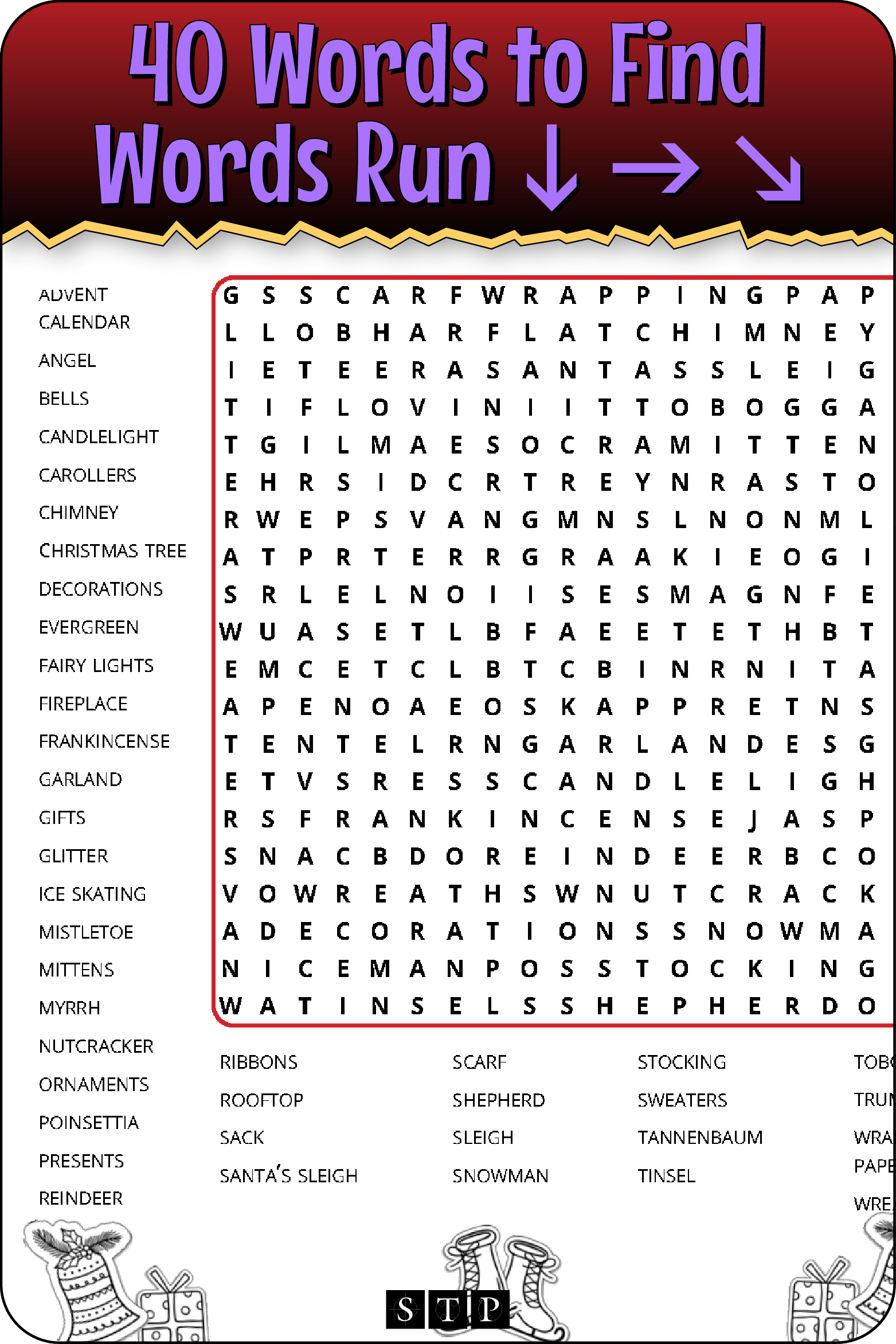 A 'look inside' preview showing the total number of words to find and the directions that the words take in the grid of the 'Tis the Season' word search puzzle.