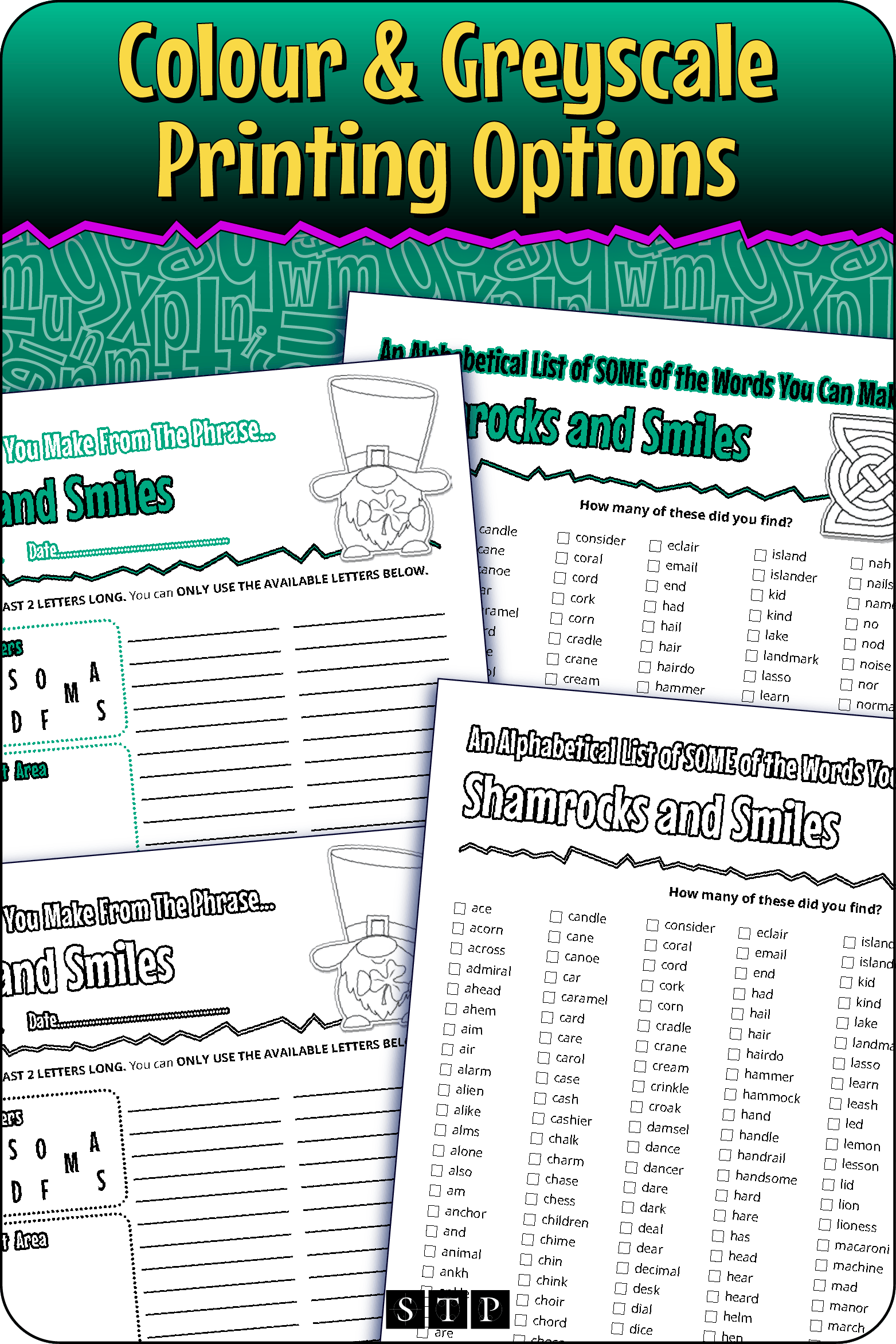 A 'look inside' preview showing the resource is available in both colour-accented and ink-friendly greyscale printing options.