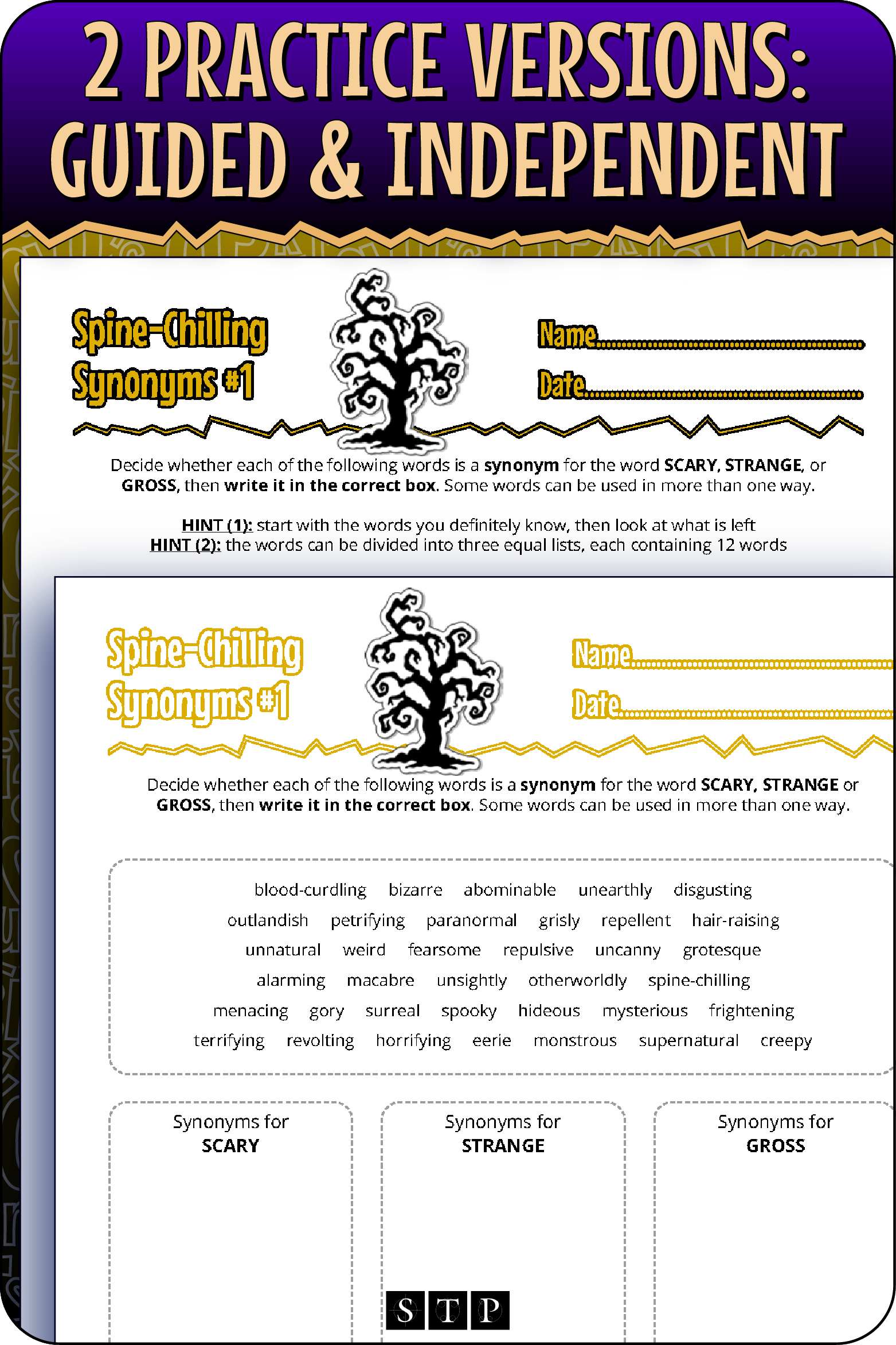 A 'look inside' preview showing the two differentiated activities: Version 1 (Guided Practice) with hints and Version 2 (Independent Practice).