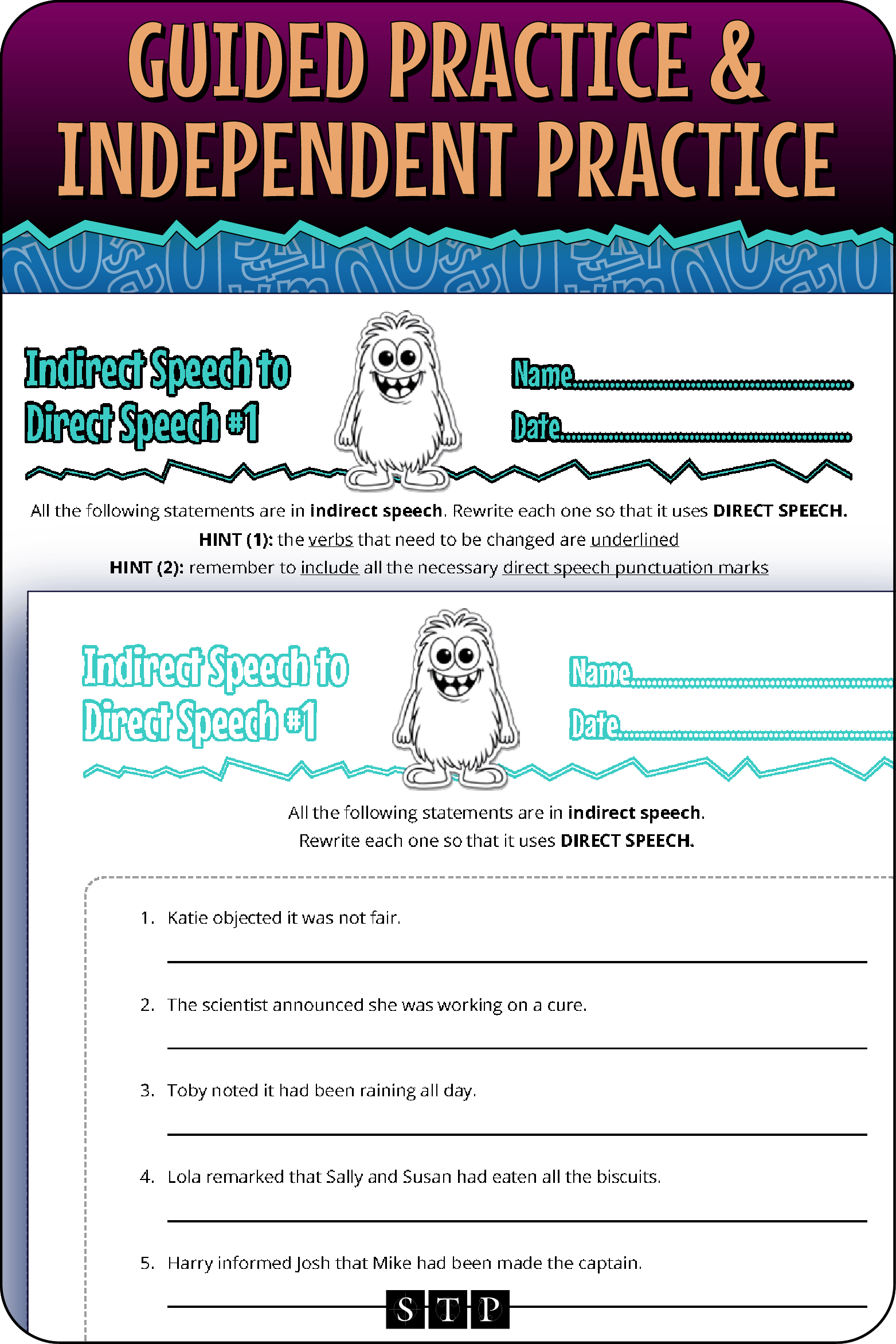A 'look inside' preview showing the two differentiated worksheets: Version 1 (Guided Practice) with hints and Version 2 (Independent Practice).