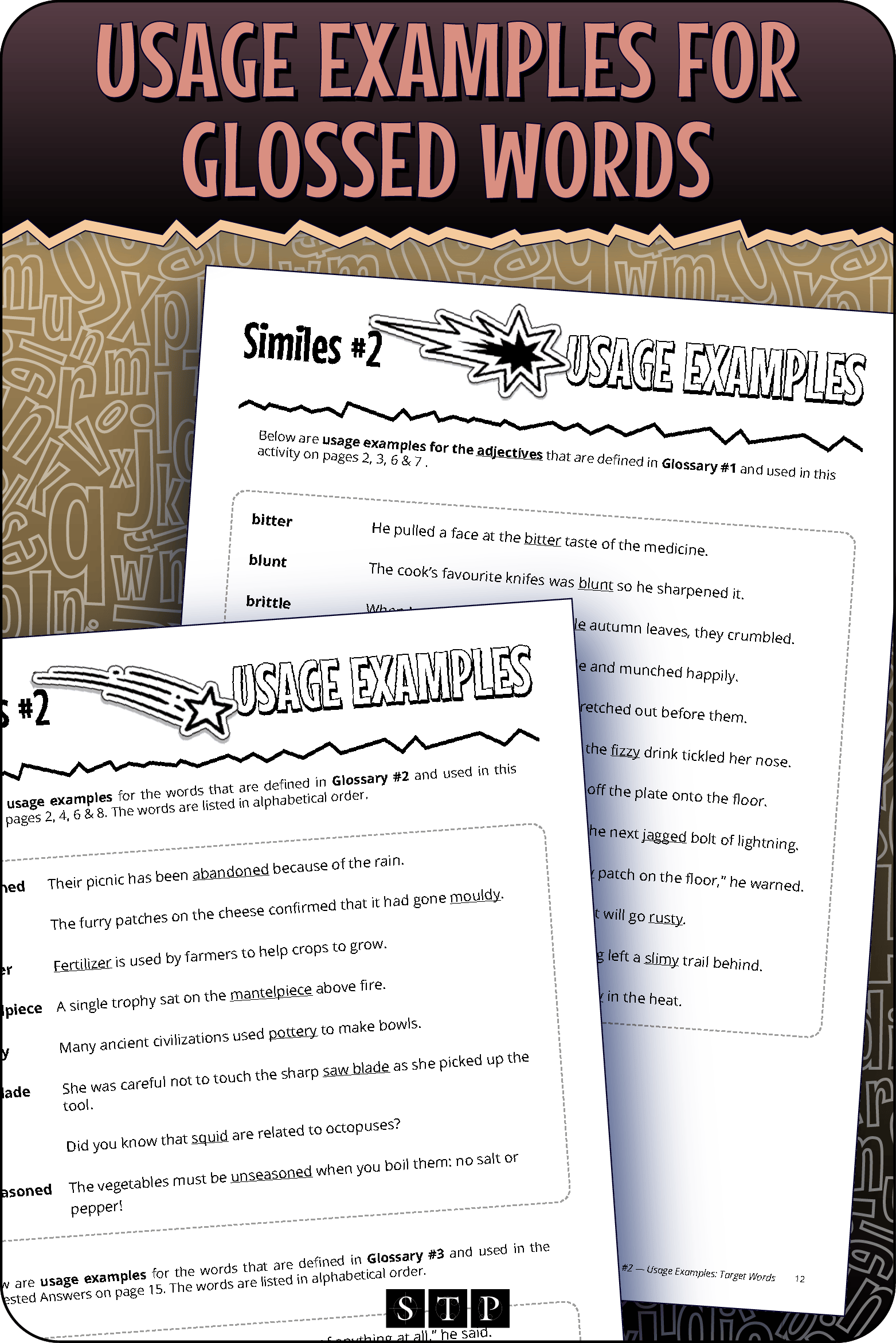 A 'look inside' preview showing the usage examples provided for the glossed words in the 'Similes #2' activity.