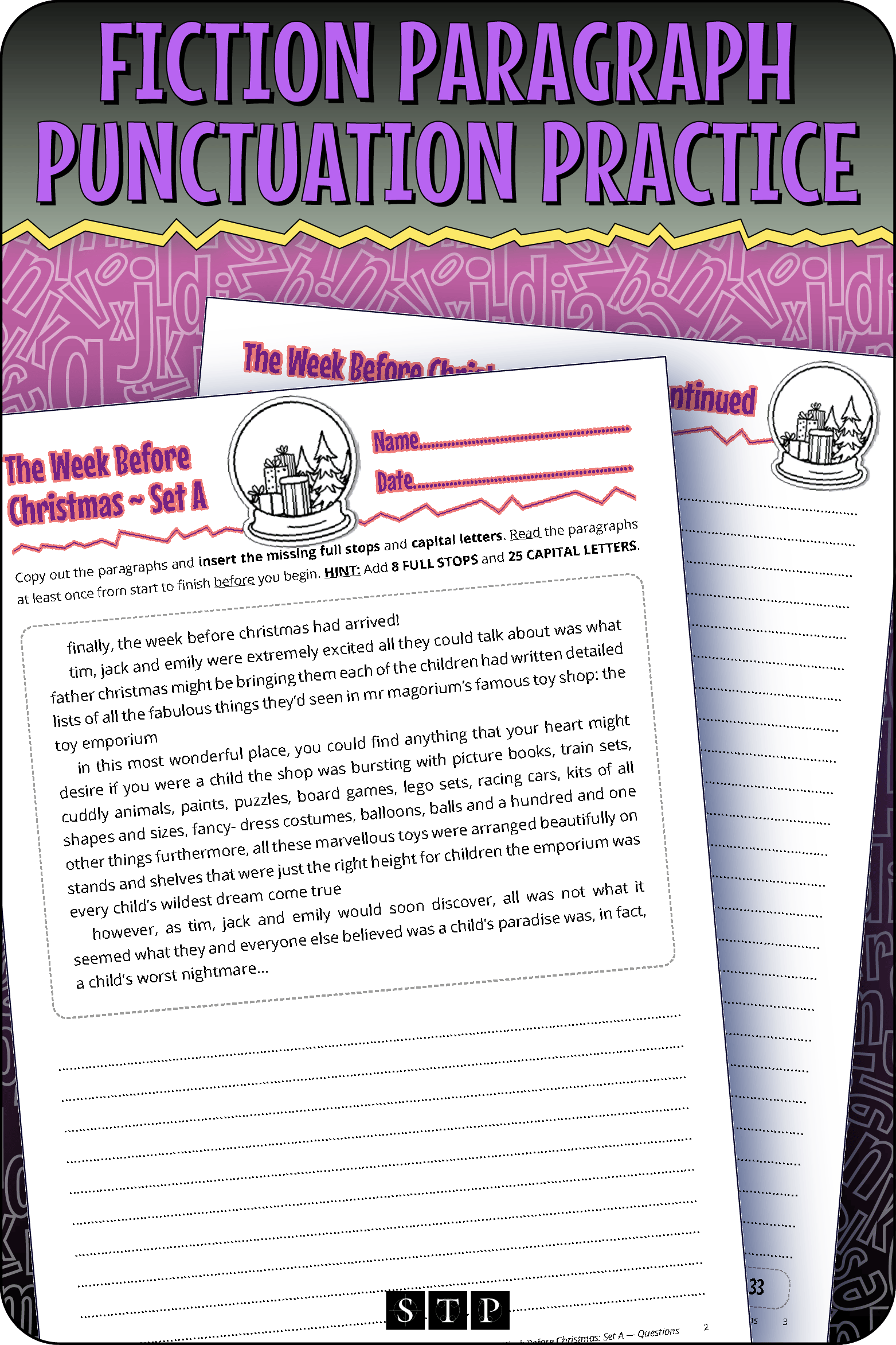 A mock-up of the 'Week Before Christmas' worksheets, a free punctuation practice resource for download.