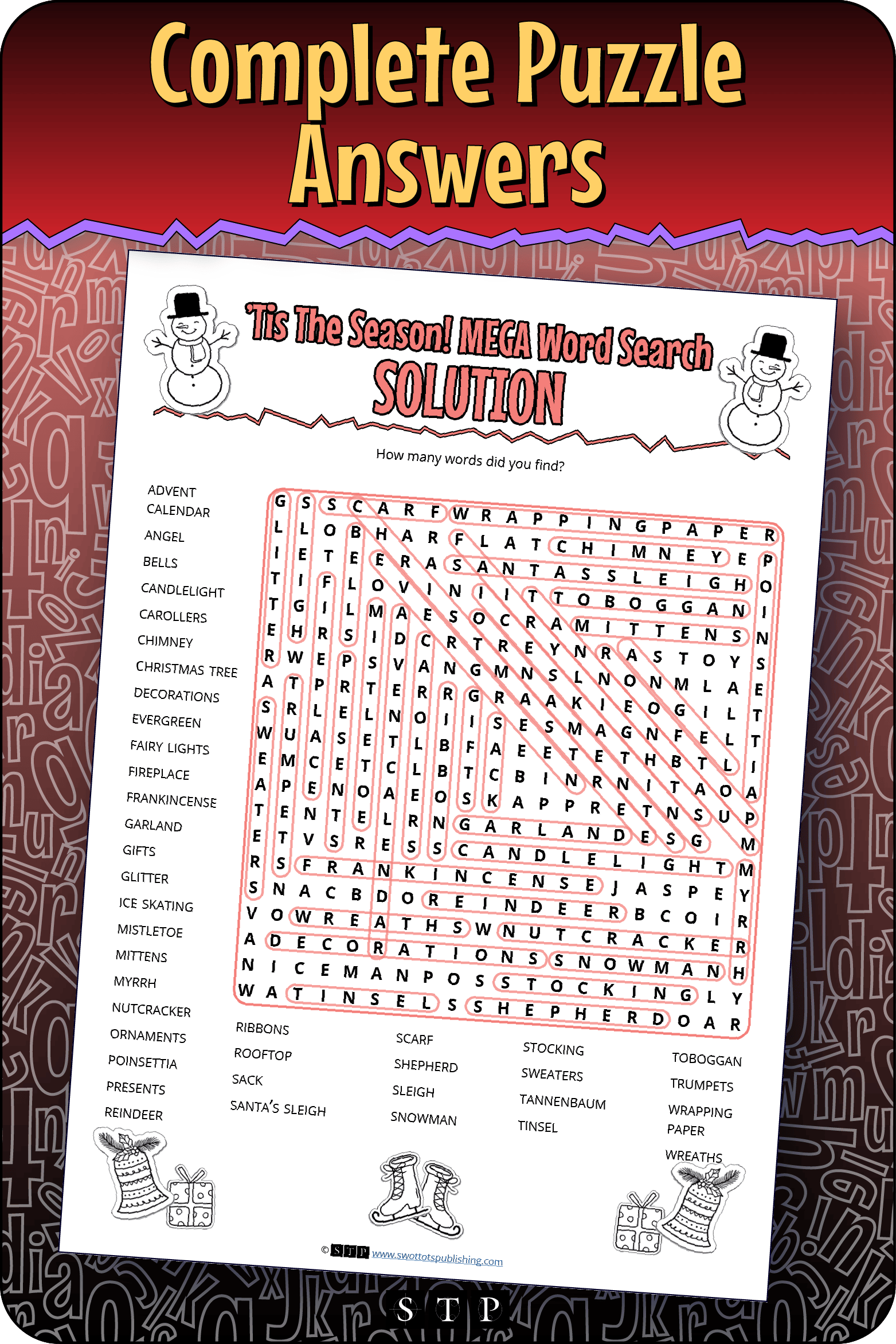 A 'look inside' preview showing the complete Tis the Season word search puzzle answers.