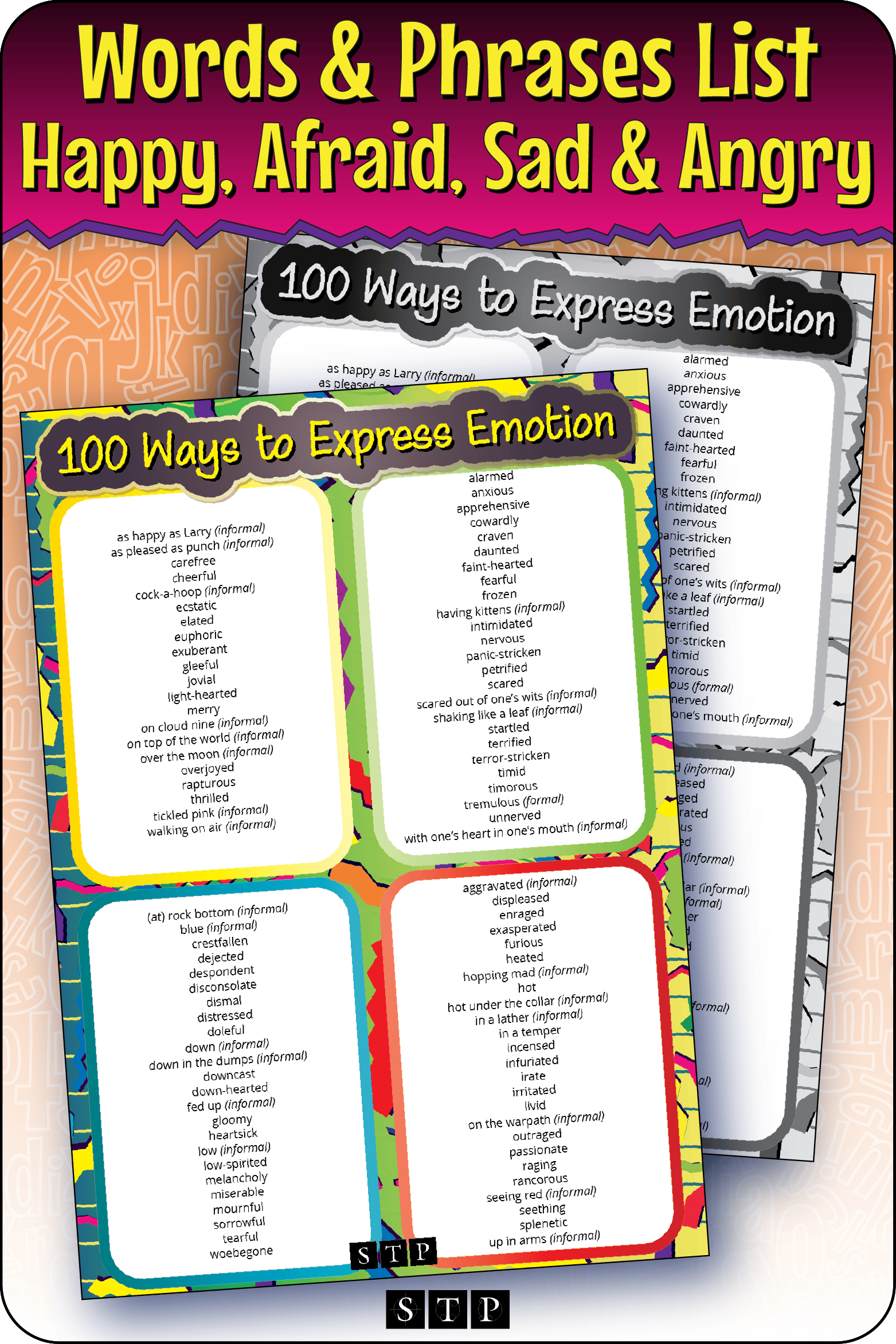 A mock-up of the '100 Ways to Express Emotion' words and phrases list, a free vocabulary resource for download for Years 6 & 7.