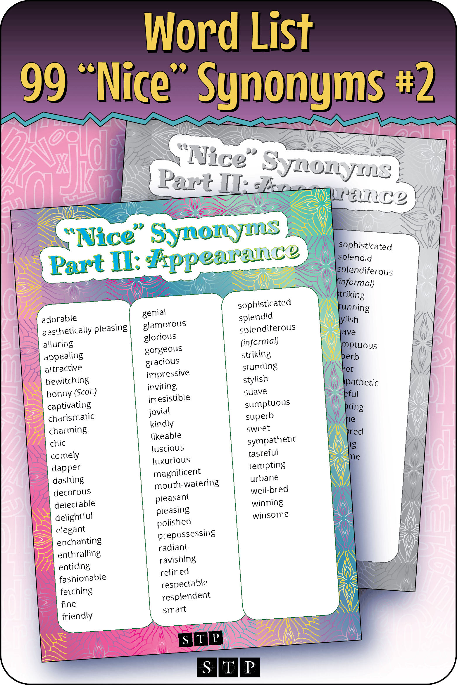 A mock-up of the 'Nice Synonyms Part II: Appearance' word list, a free vocabulary and spelling resource for download for Years 6 & 7.