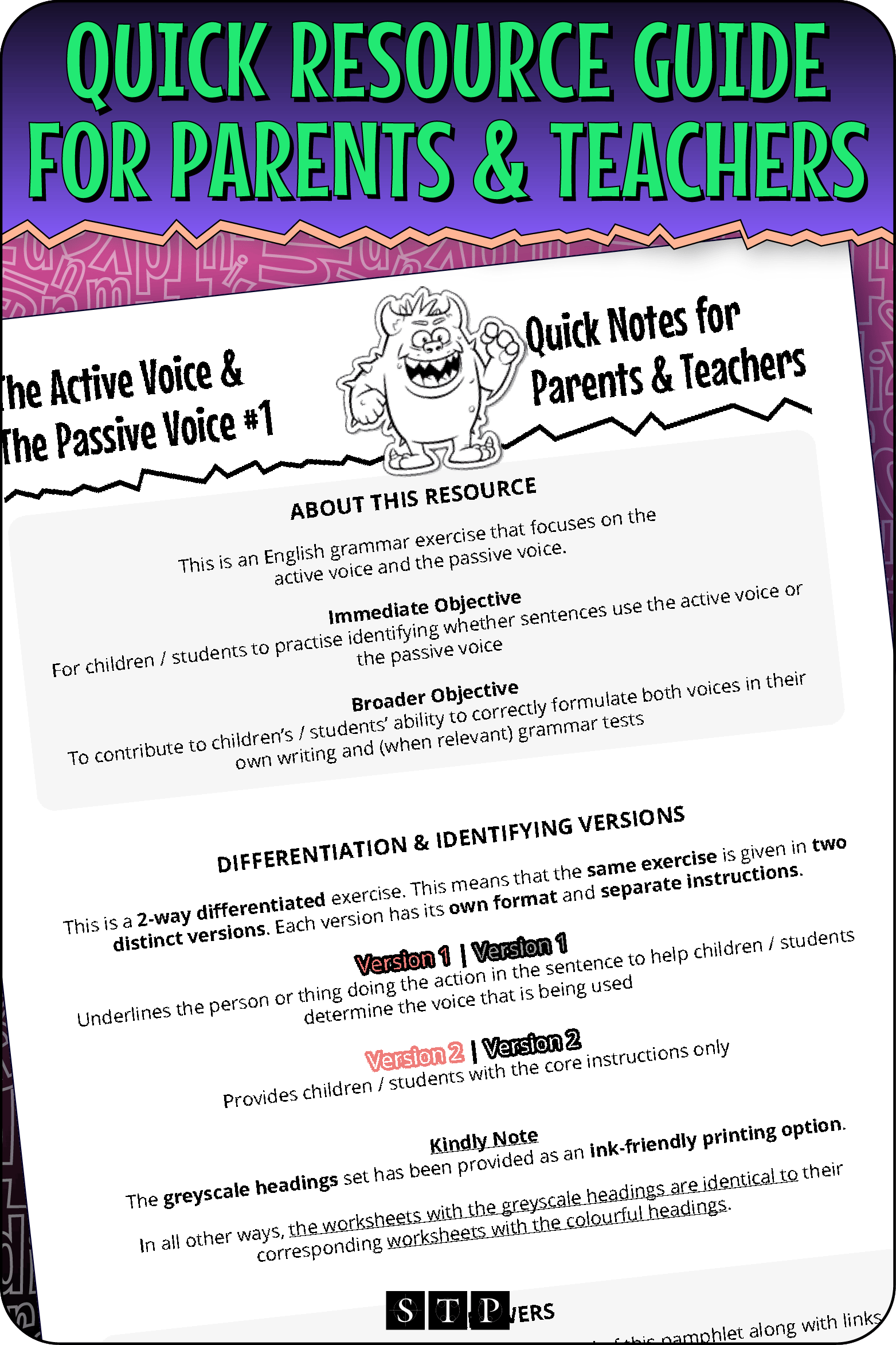 A 'look inside' preview highlighting the 'Quick Resource Guide for Parents & Teachers' included with the worksheets which explains the resource's learning objectives and differentiated versions.