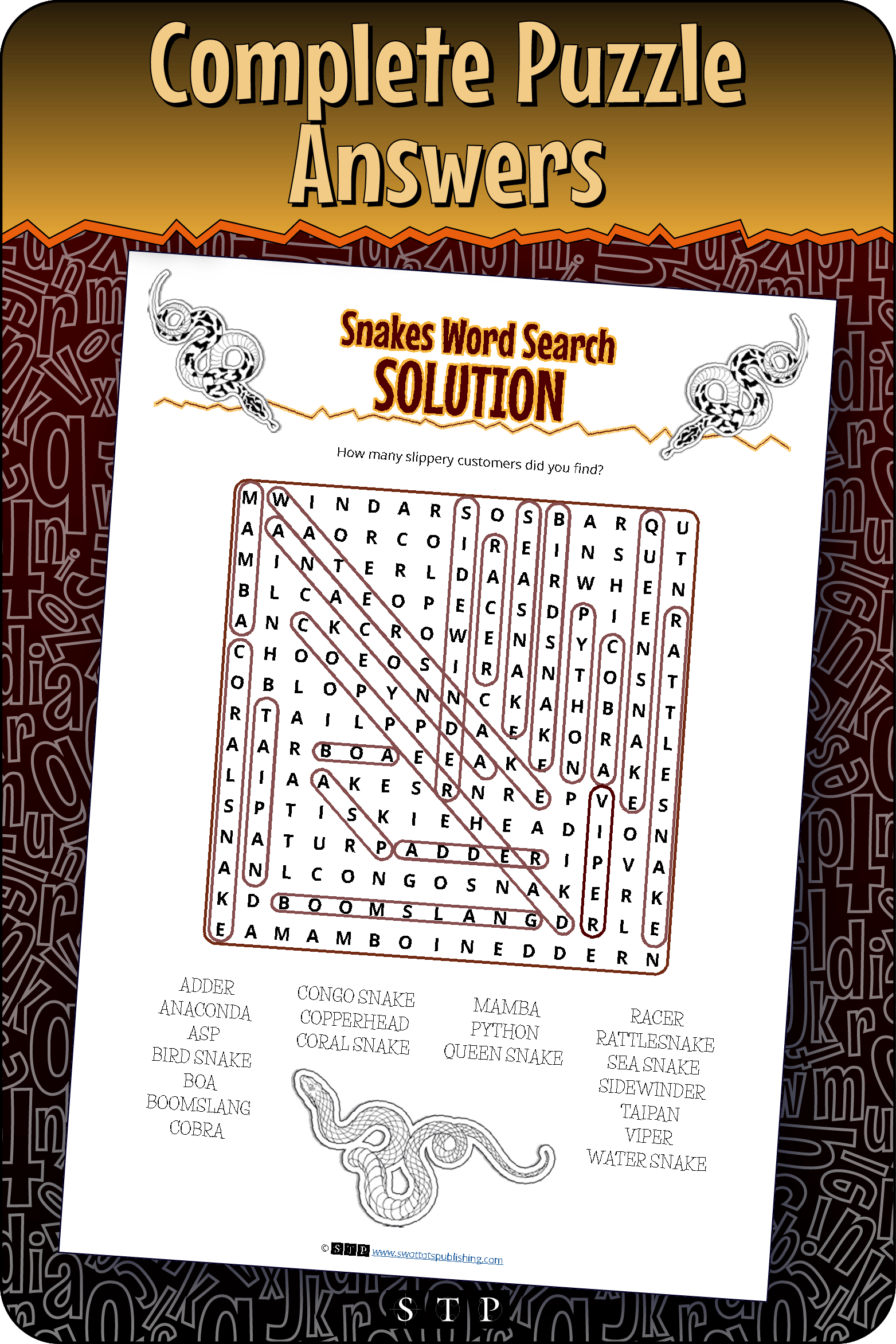 A 'look inside' preview showing the complete Snakes word search puzzle answers.