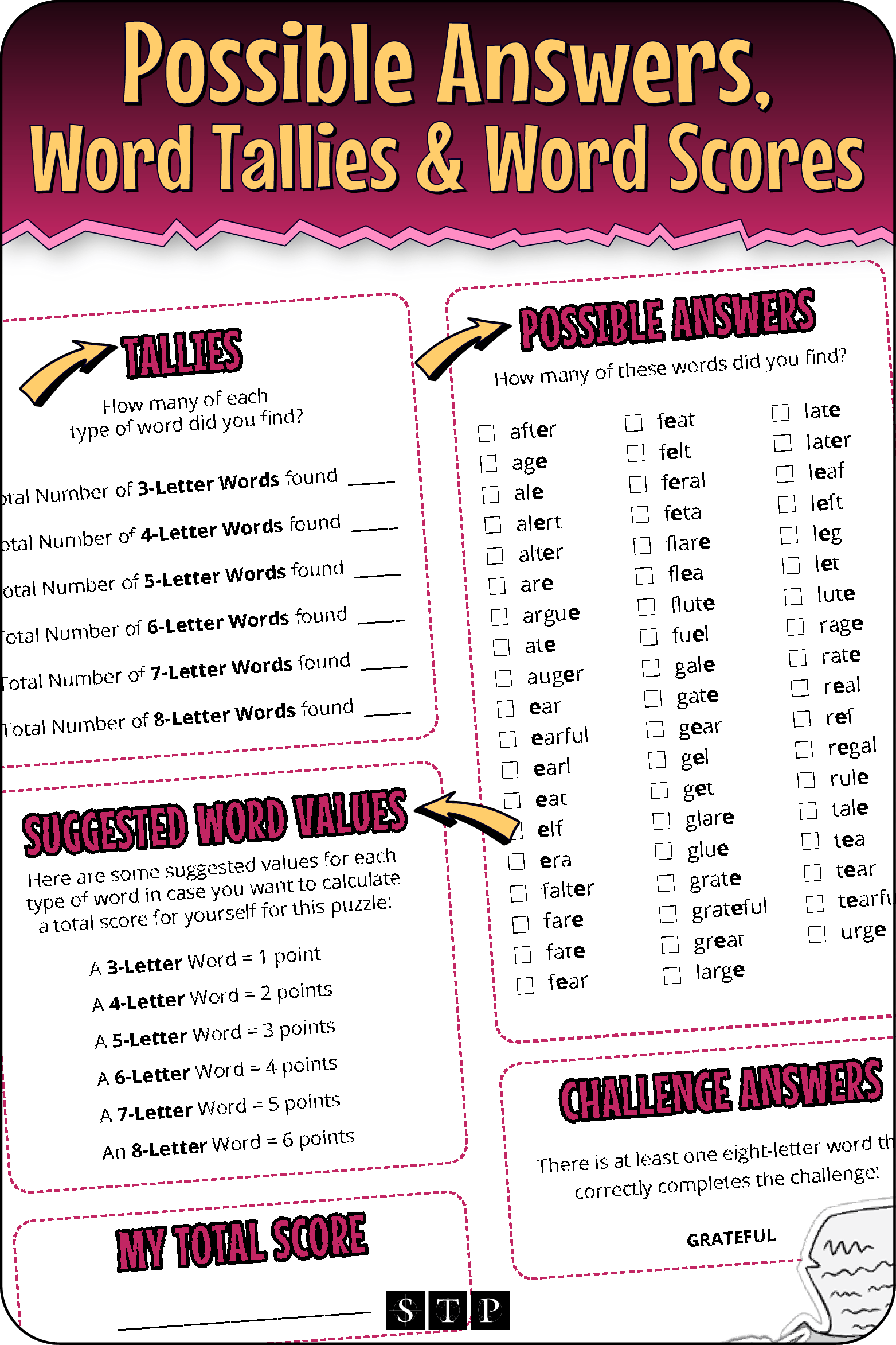 A 'look inside' preview highlighting the key features of the second page of the 'EALGTURF' word wheel puzzle