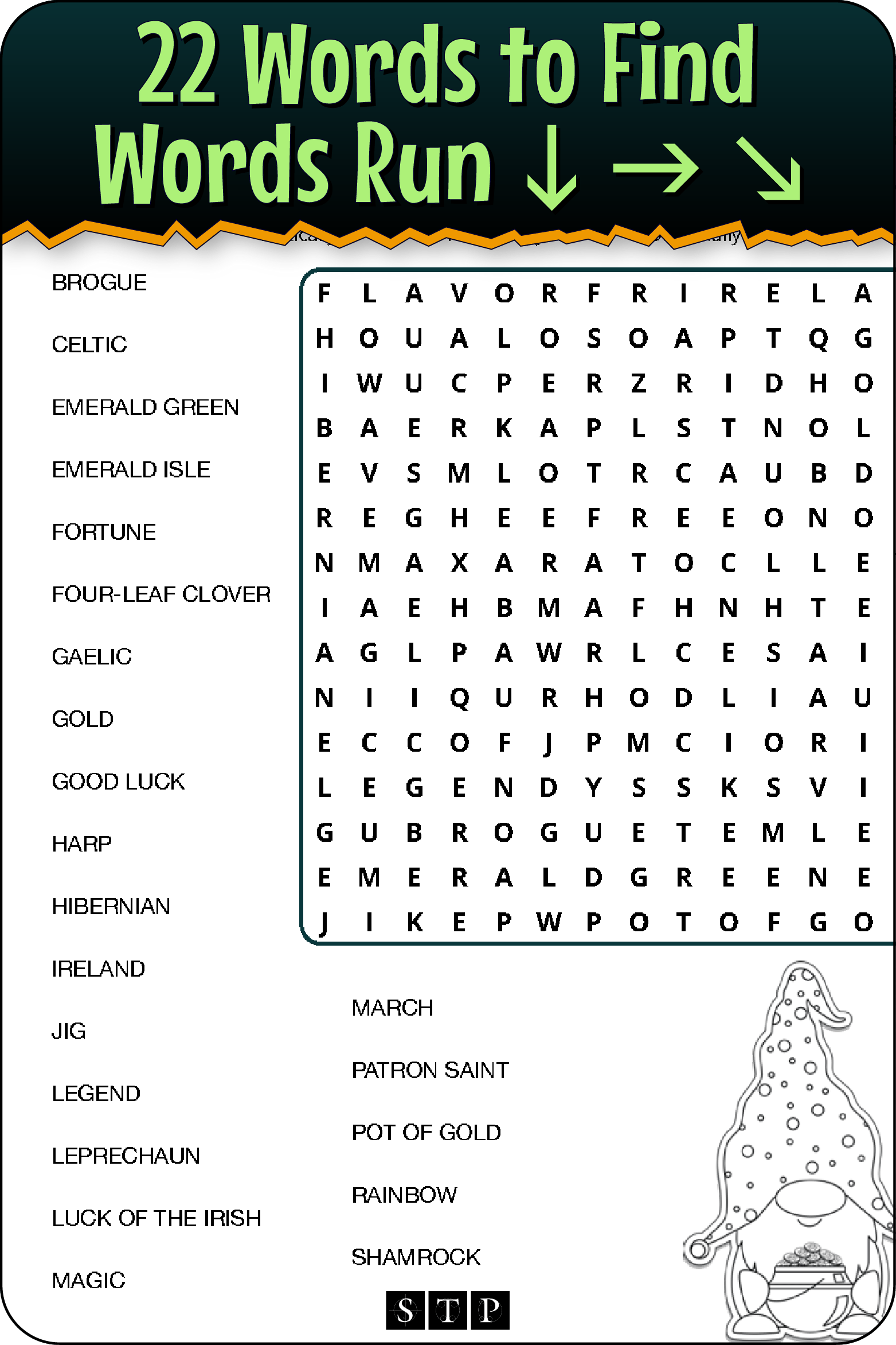 A 'look inside' preview showing the total number of words to find and the directions that the words take in the grid of the 'St Patrick's Day' word search puzzle.