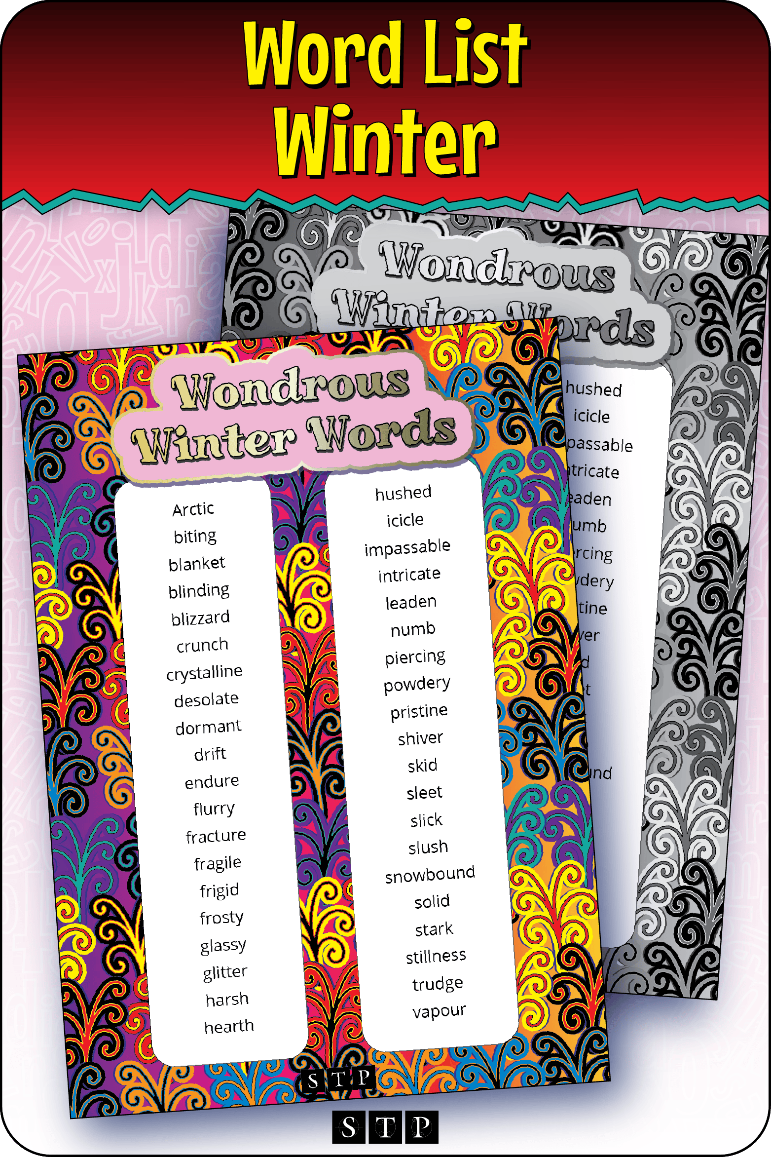 A mock-up of the 'Wondrous Winter Words' words list, a free vocabulary and spelling resource for download for Years 7 & 8.
