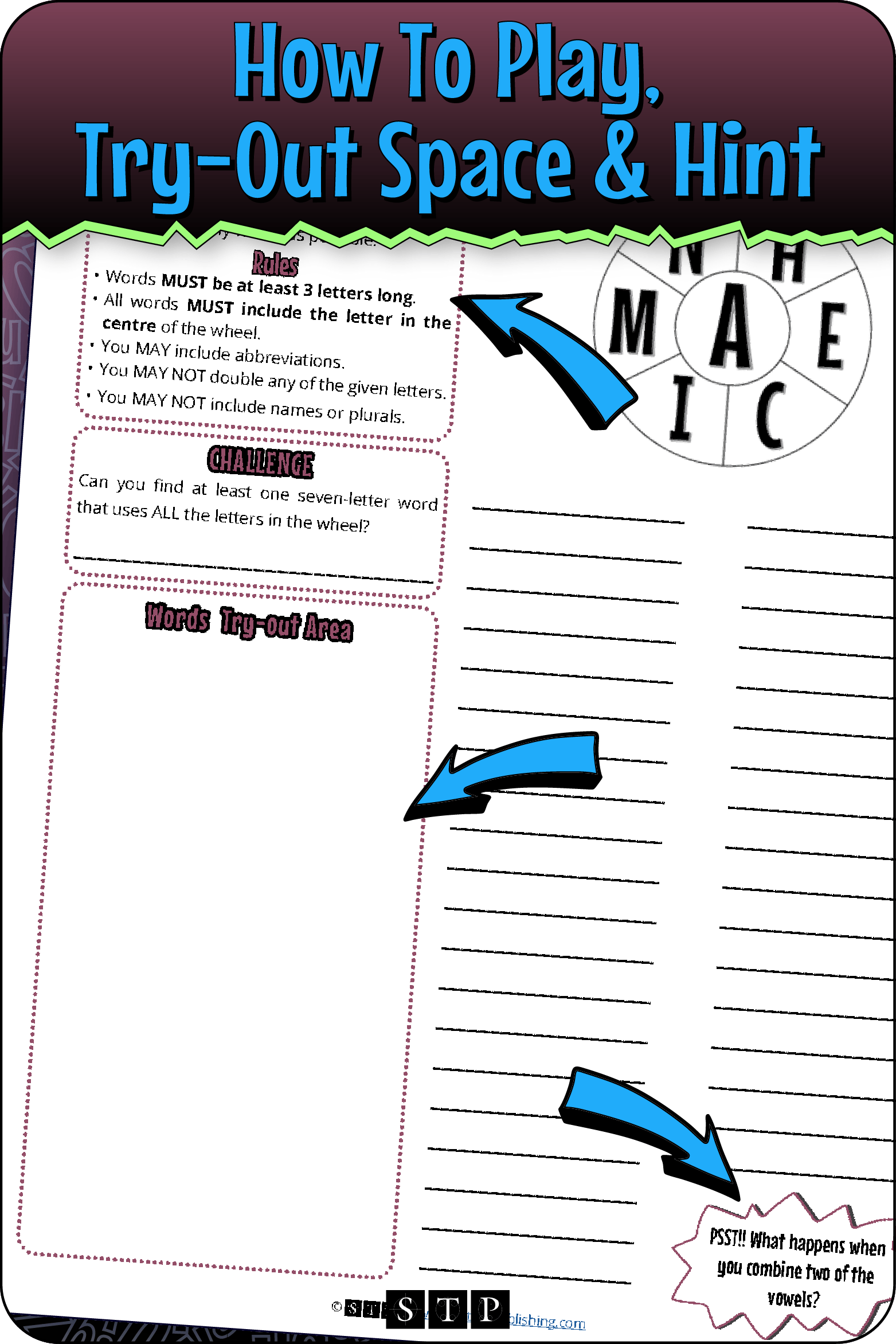 A 'look inside' preview highlighting the rules for the 'AHECIMIN' word wheel puzzle