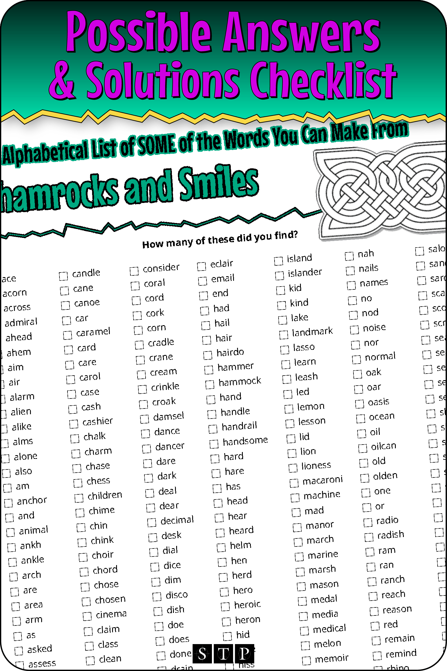 A 'look inside' preview showing a list of possible solutions for the 'Shamrocks & Smiles' (Version 1) letter jumble