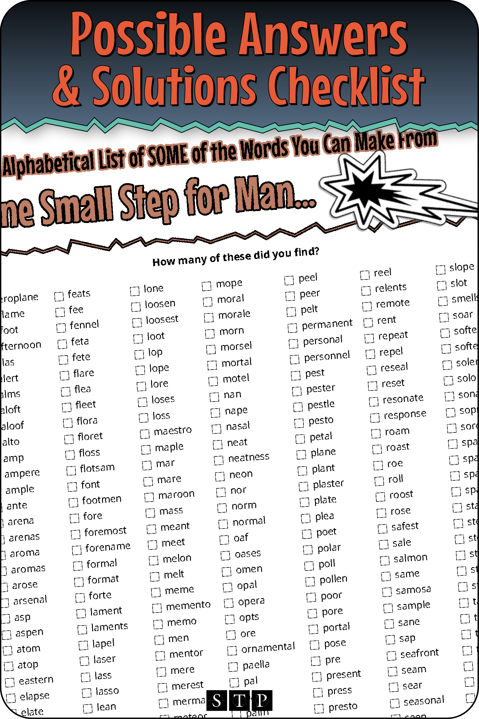 A 'look inside' preview showing a list of possible solutions for the 'One Small Step for Man' (Version 2) letter jumble