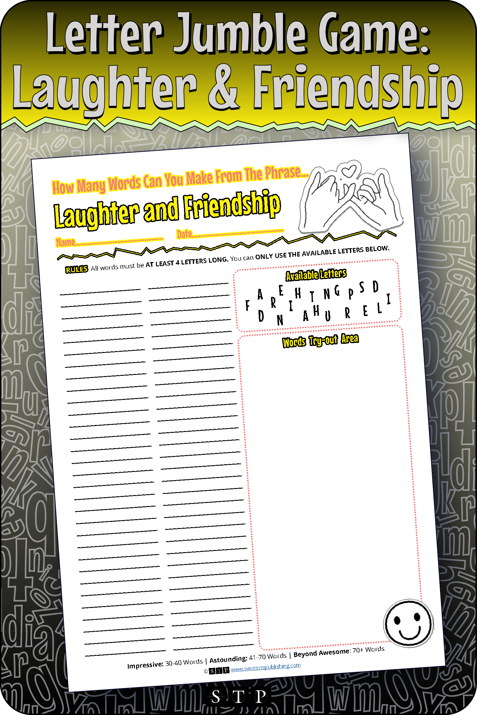A mock-up of the 'Laughter & Friendship' (Version 2) letter jumble, a free word game for download.