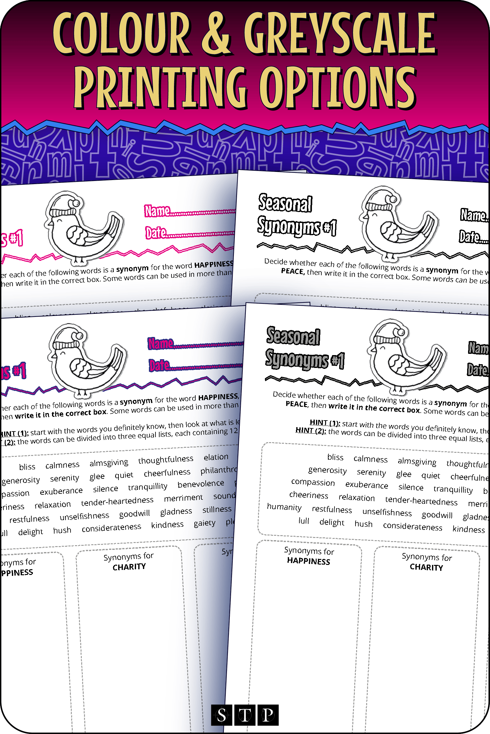 A 'look inside' preview showing the resource is available in both colour-accented and ink-friendly greyscale printing options.