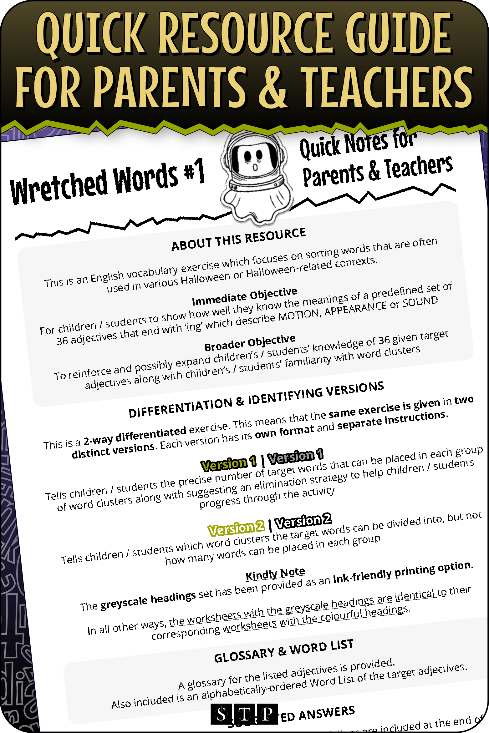 A 'look inside' preview highlighting the 'Quick Resource Guide for Parents & Teachers' included with the worksheets which explains the resource's learning objectives and differentiated versions.