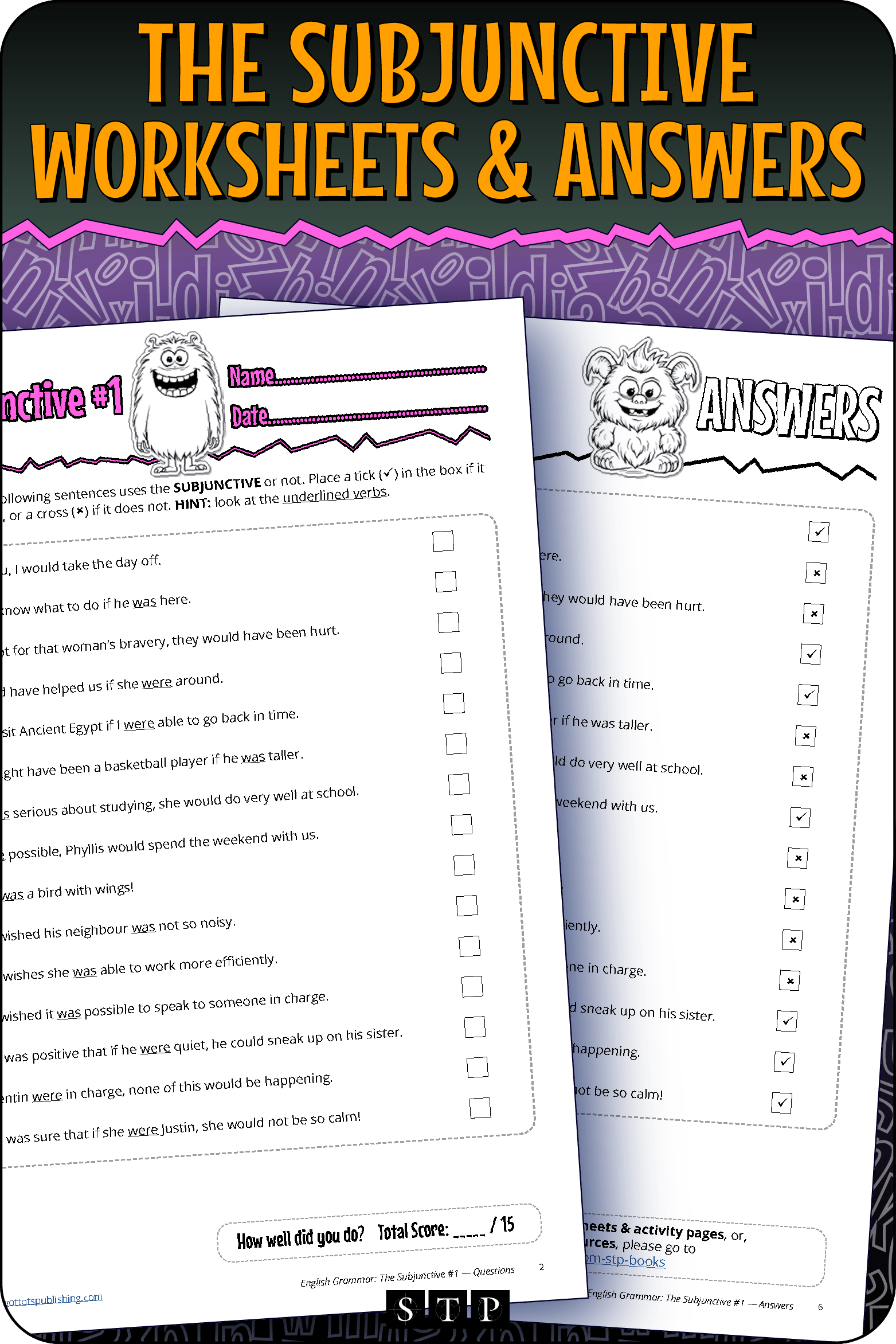 A mock-up of the 'Subjunctive #1' worksheets and answer key, a free grammar resource for download.
