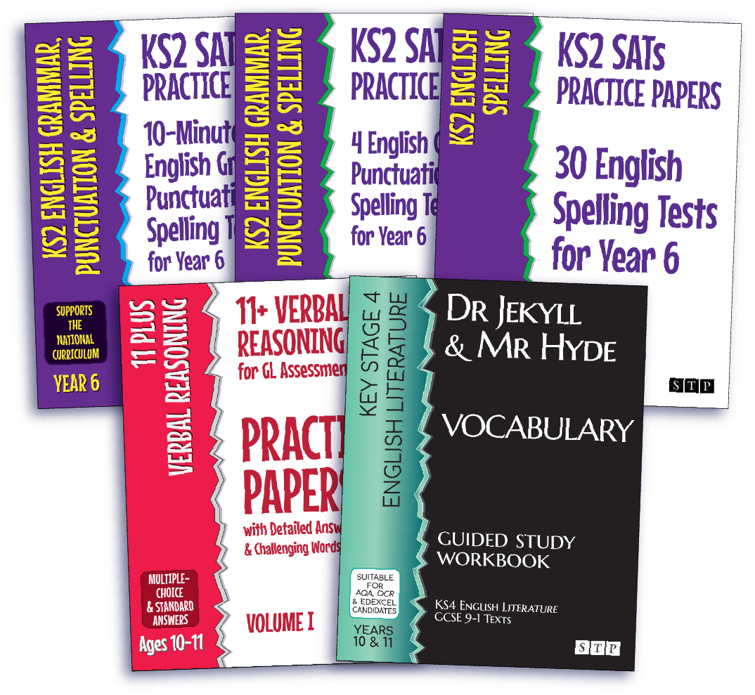 A selection of KS2 SATs practice papers, 11 Plus Verbal  Reasoning tests, and a Dr Jekyll and Mr Hyde Vocabulary Workbook by STP Books.