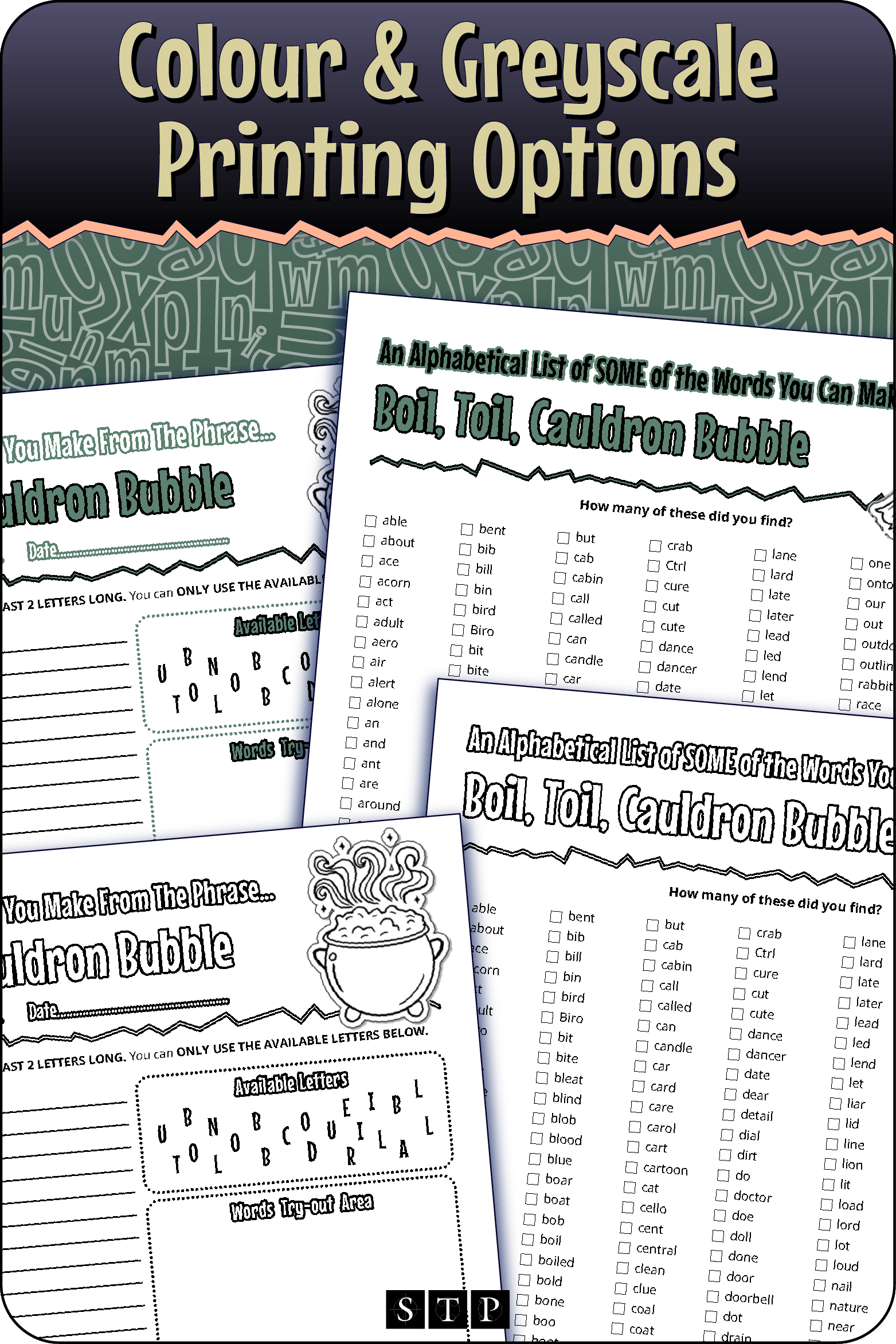 A 'look inside' preview showing the resource is available in both colour-accented and ink-friendly greyscale printing options.