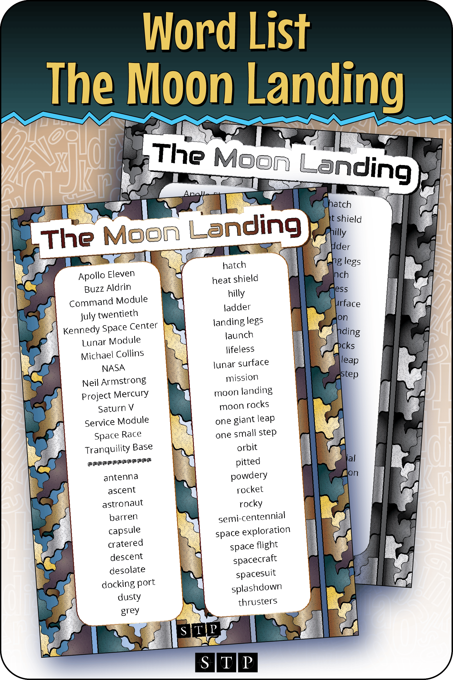 A mock-up of the 'The Moon Landing' words and phrases list, a free vocabulary and spelling resource for download for Years 5 & 6.