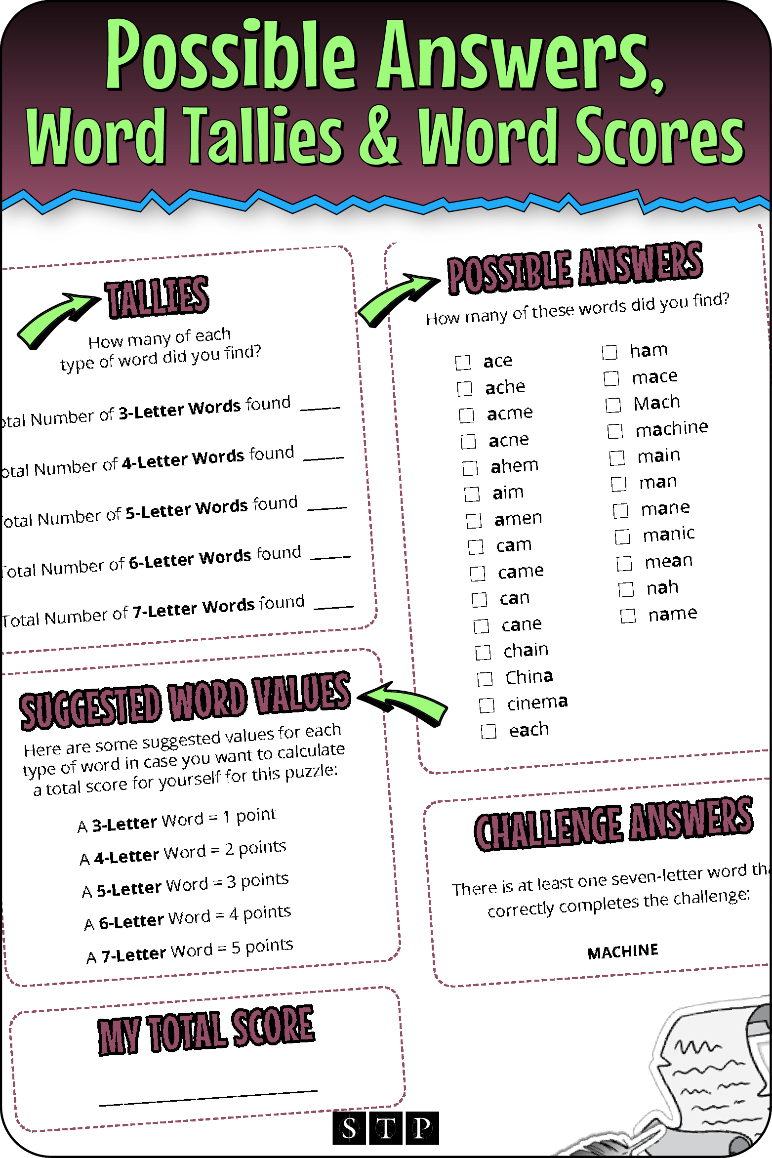 A 'look inside' preview highlighting the key features of the second page of the 'AHECIMIN' word wheel puzzle