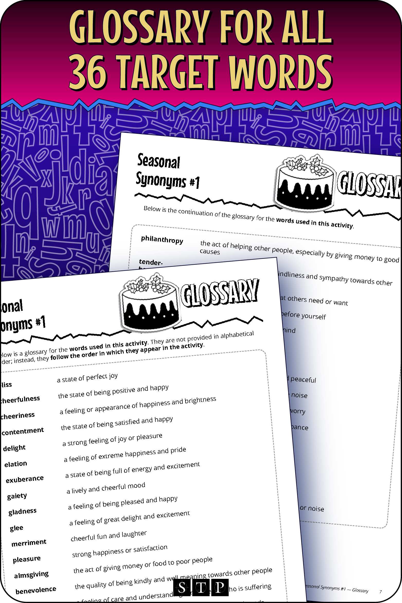 A 'look inside' preview showing the glossaries for the targeted words in the 'Seasonal Synonyms #1' activity.