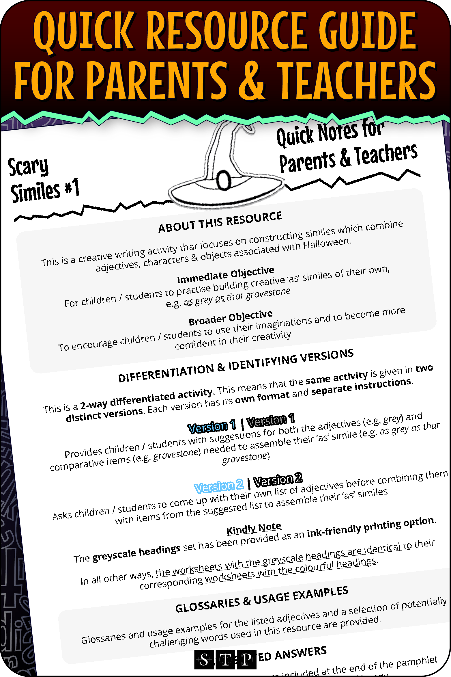 A 'look inside' preview highlighting the 'Quick Resource Guide for Parents & Teachers' included with the worksheets which explains the resource's learning objectives and differentiated versions.