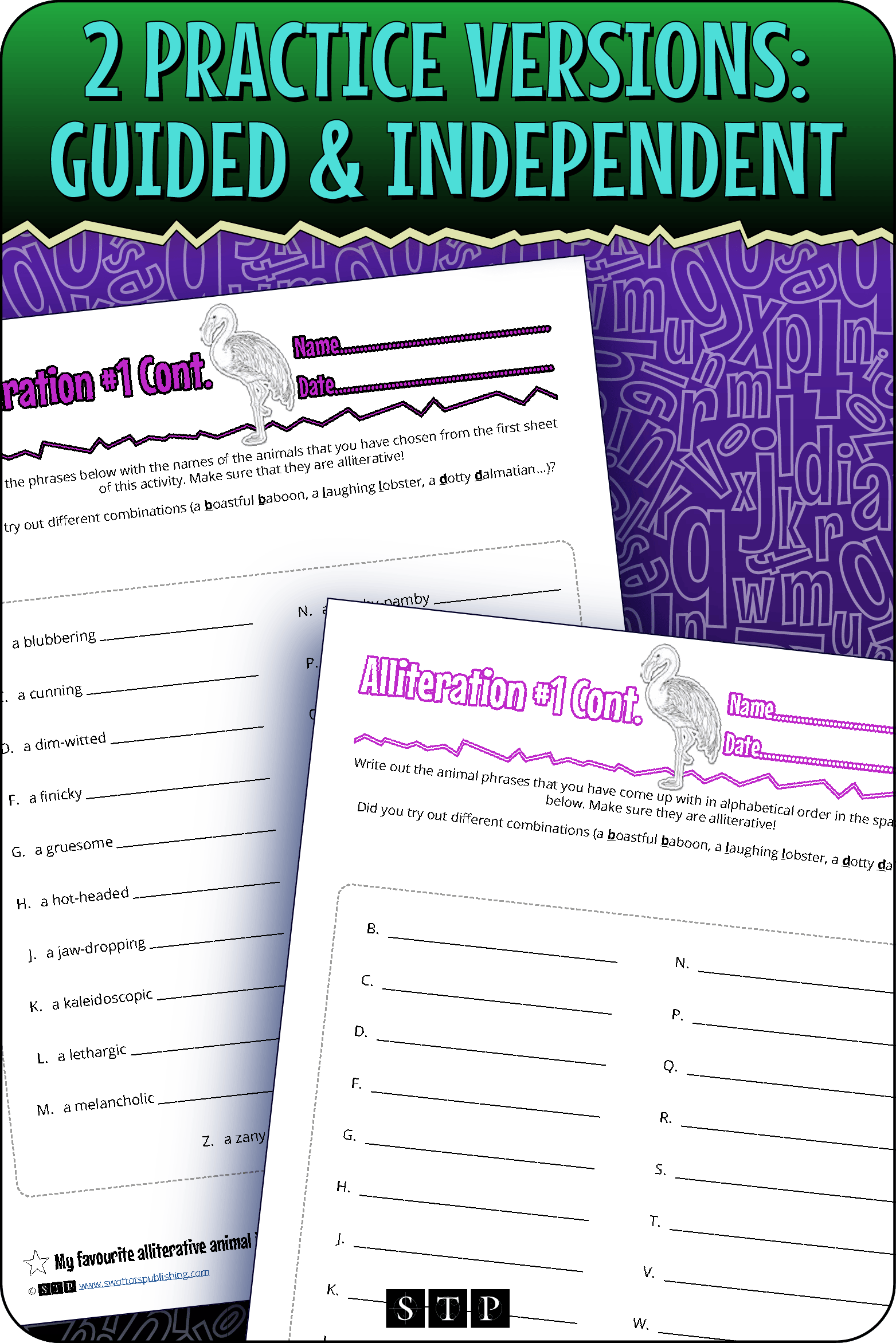A 'look inside' preview showing the two differentiated activities: Version 1 (Guided Practice) with hints and Version 2 (Independent Practice).