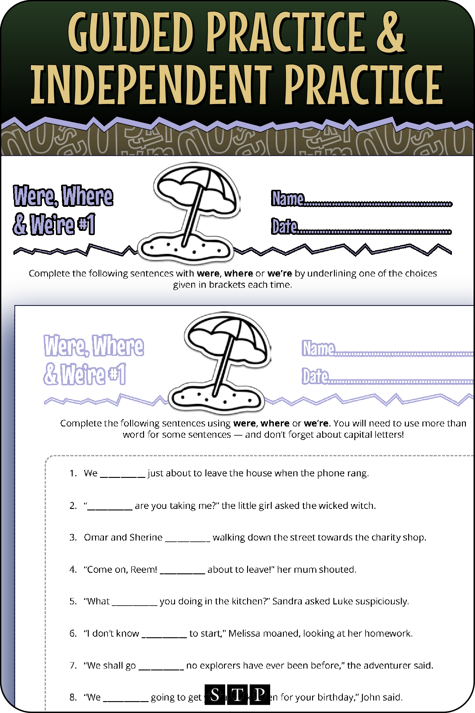 A 'look inside' preview showing the two differentiated worksheets: Version 1 (Guided Practice) with hints and Version 2 (Independent Practice).
