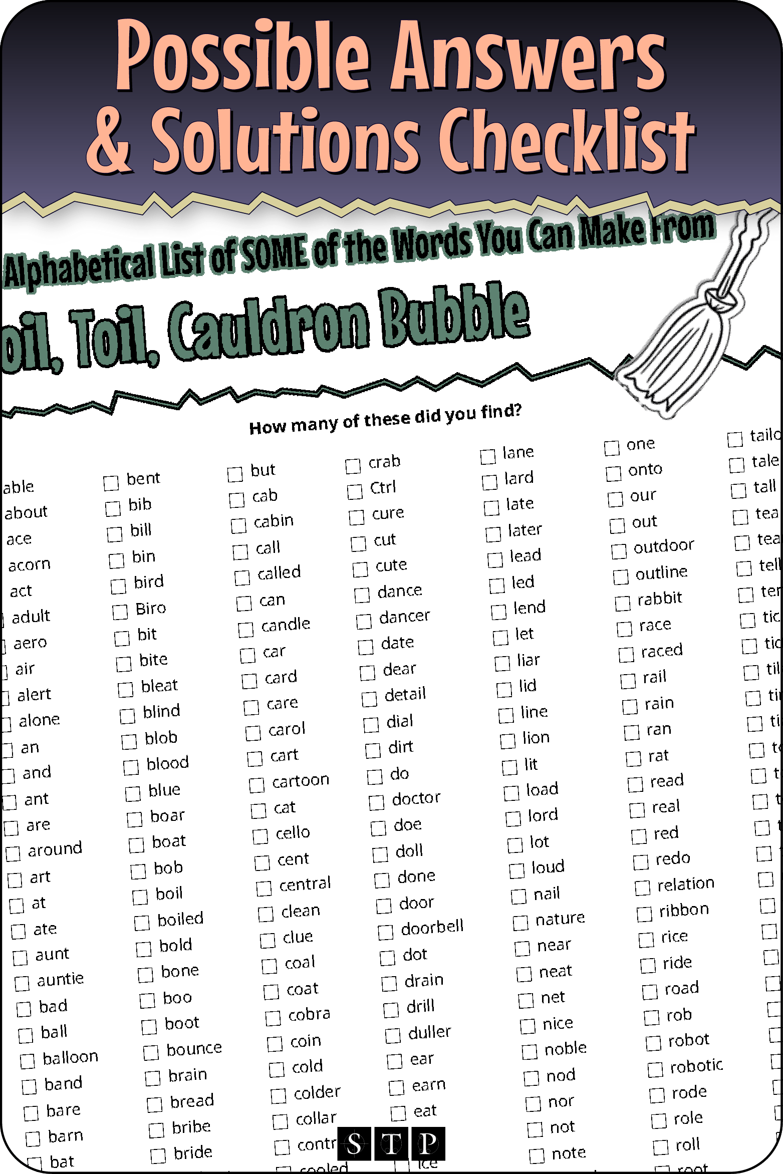 A 'look inside' preview showing a list of possible solutions for the 'Boil, Toil, Cauldron Bubble' (Version 1) letter jumble