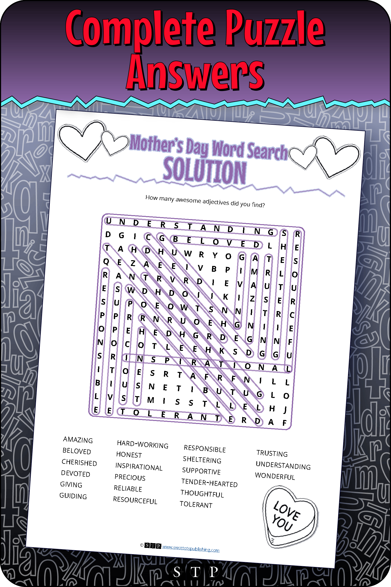A 'look inside' preview showing the complete Mother's Day word search puzzle answers.
