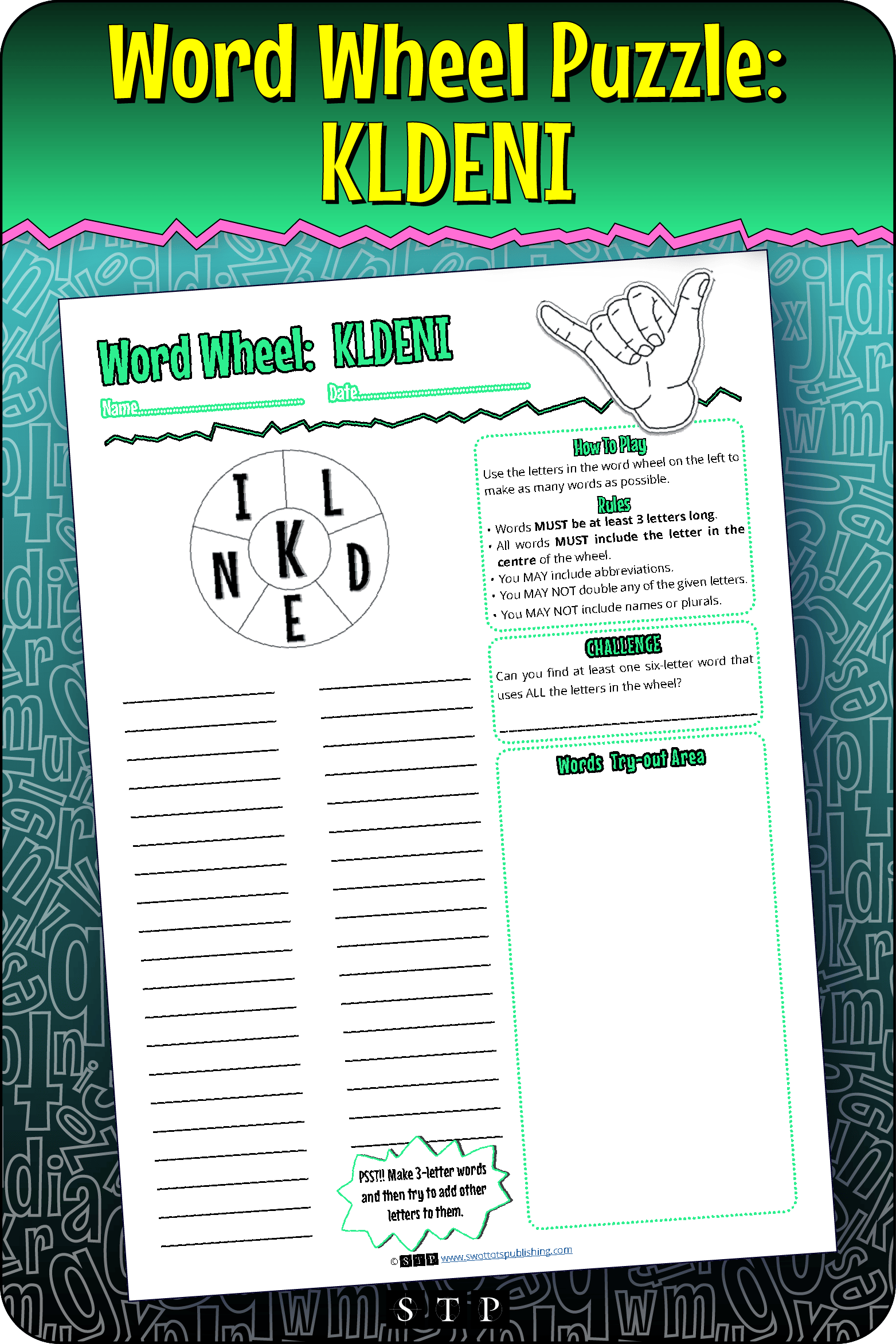 A mock-up of the 'KLDENI' word wheel puzzle, a free word game for download.