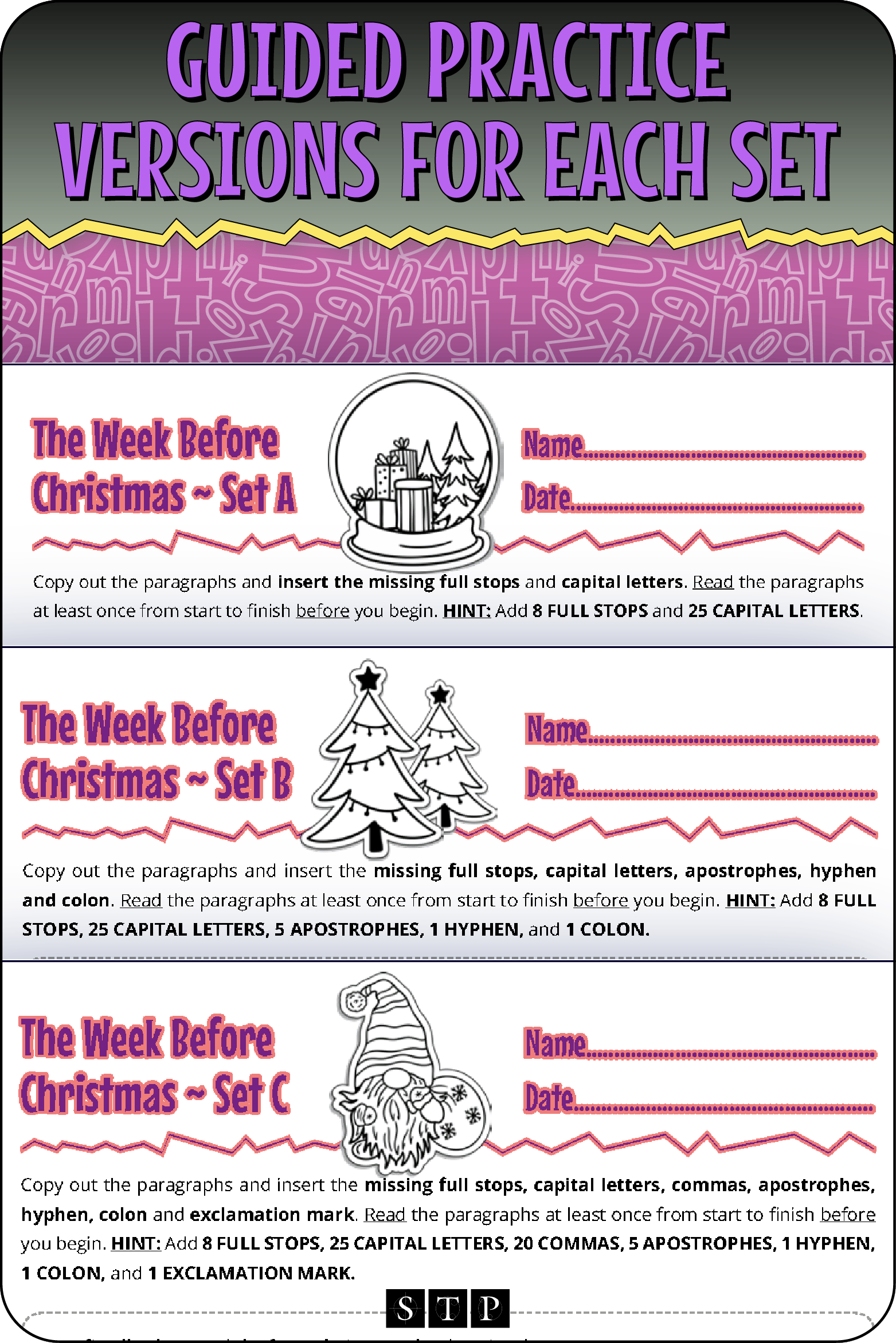 A 'look inside' preview showing the rubrics for the guided practice versions of the 'Week Before Christmas' paragraph punctuation worksheets.