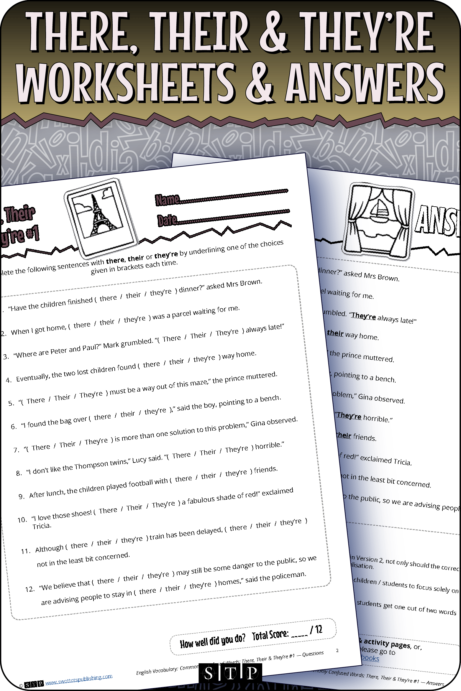 A mock-up of the 'There, Their & They're #1' worksheets and answer key, a free grammar and vocabulary resource for download.
