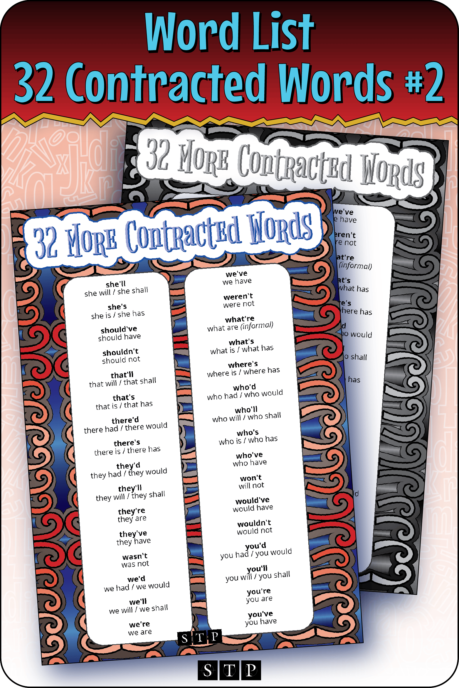 A mock-up of the '32 More Contracted Words' words and expansions list, a free grammar, punctuation, and spelling resource for download for Years 5 & 6.