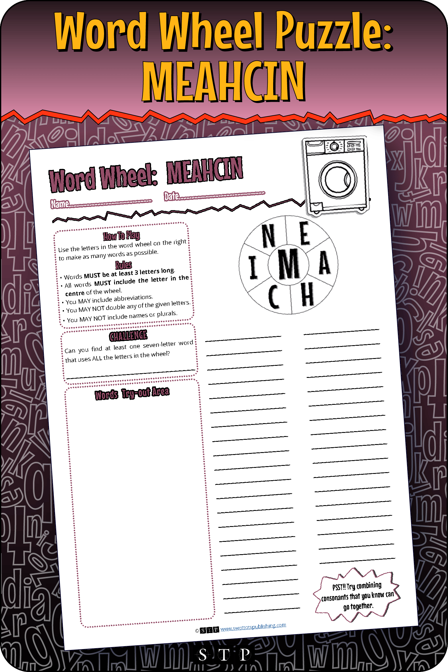 A mock-up of the 'MEAHICIN' word wheel puzzle, a free word game for download.