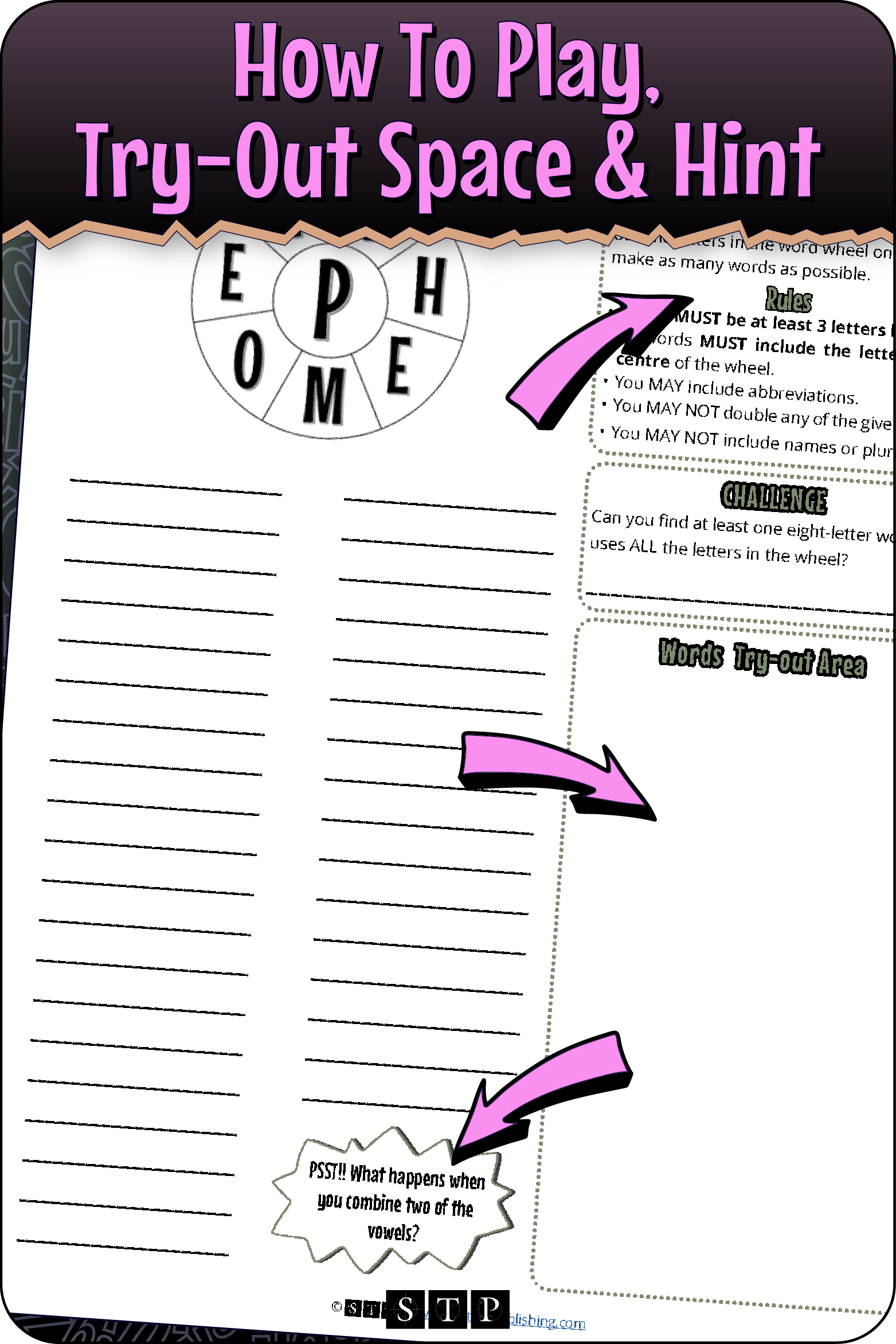 A 'look inside' preview highlighting the rules for the 'PAHEMOEG' word wheel puzzle