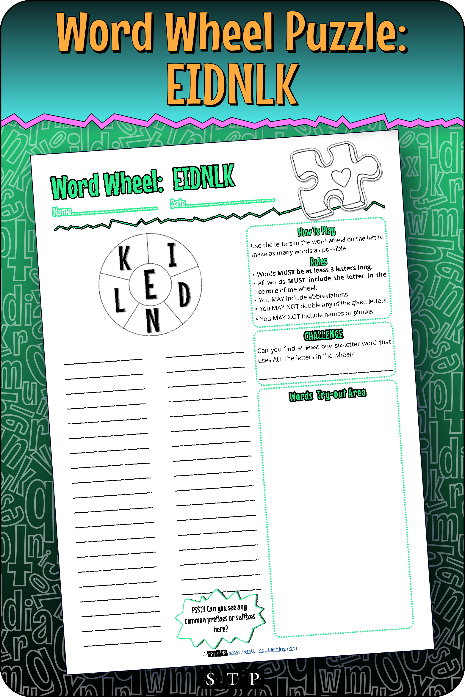 A mock-up of the 'EIDNLK' word wheel puzzle, a free word game for download.