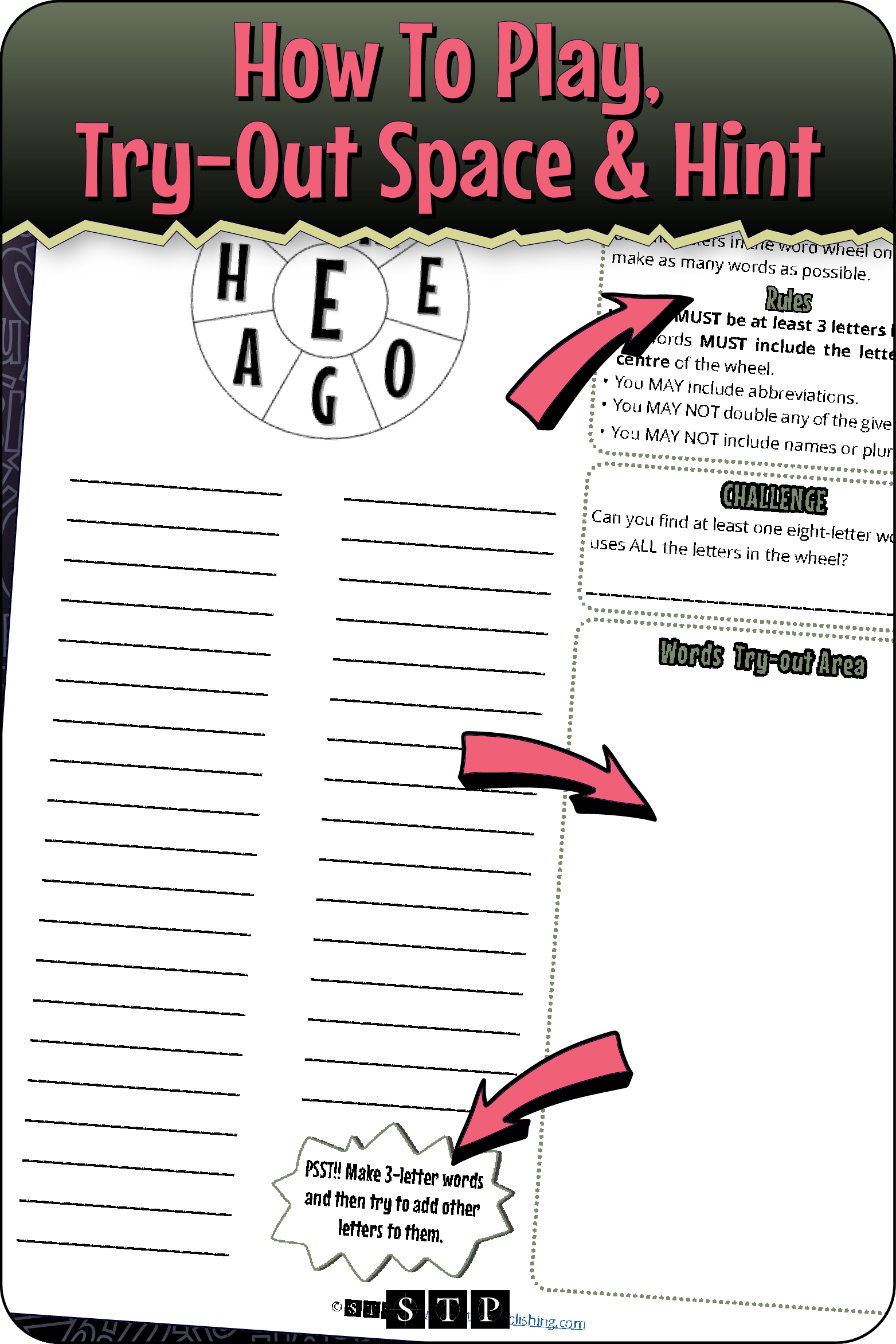A 'look inside' preview highlighting the rules for the 'EMEOGAHP' word wheel puzzle