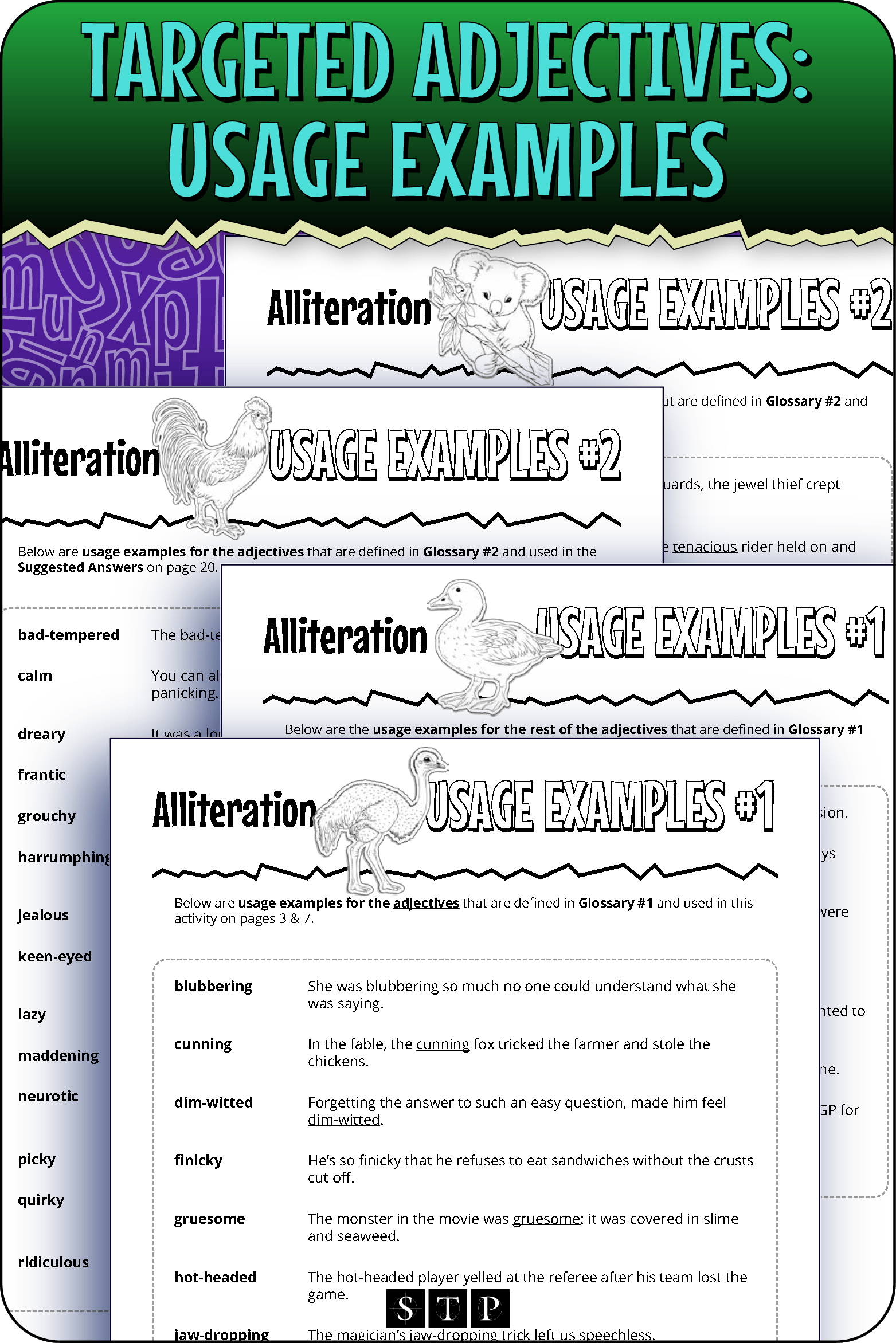 A 'look inside' preview showing the usage examples provided for the glossed words in the 'Animal Alliteration' activity.