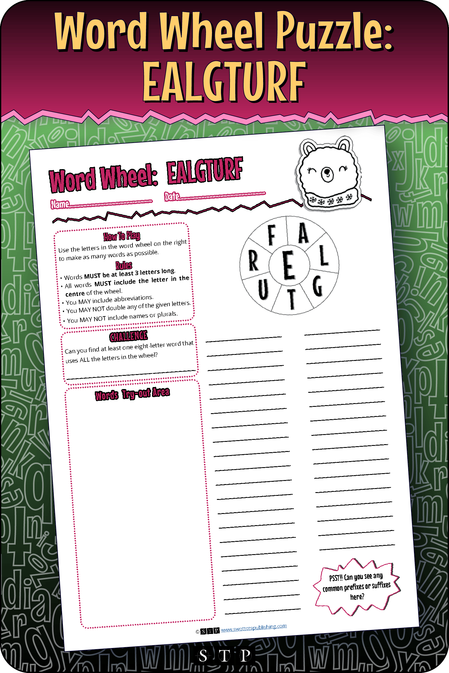 A mock-up of the 'EALGTURF' word wheel puzzle, a free word game for download.