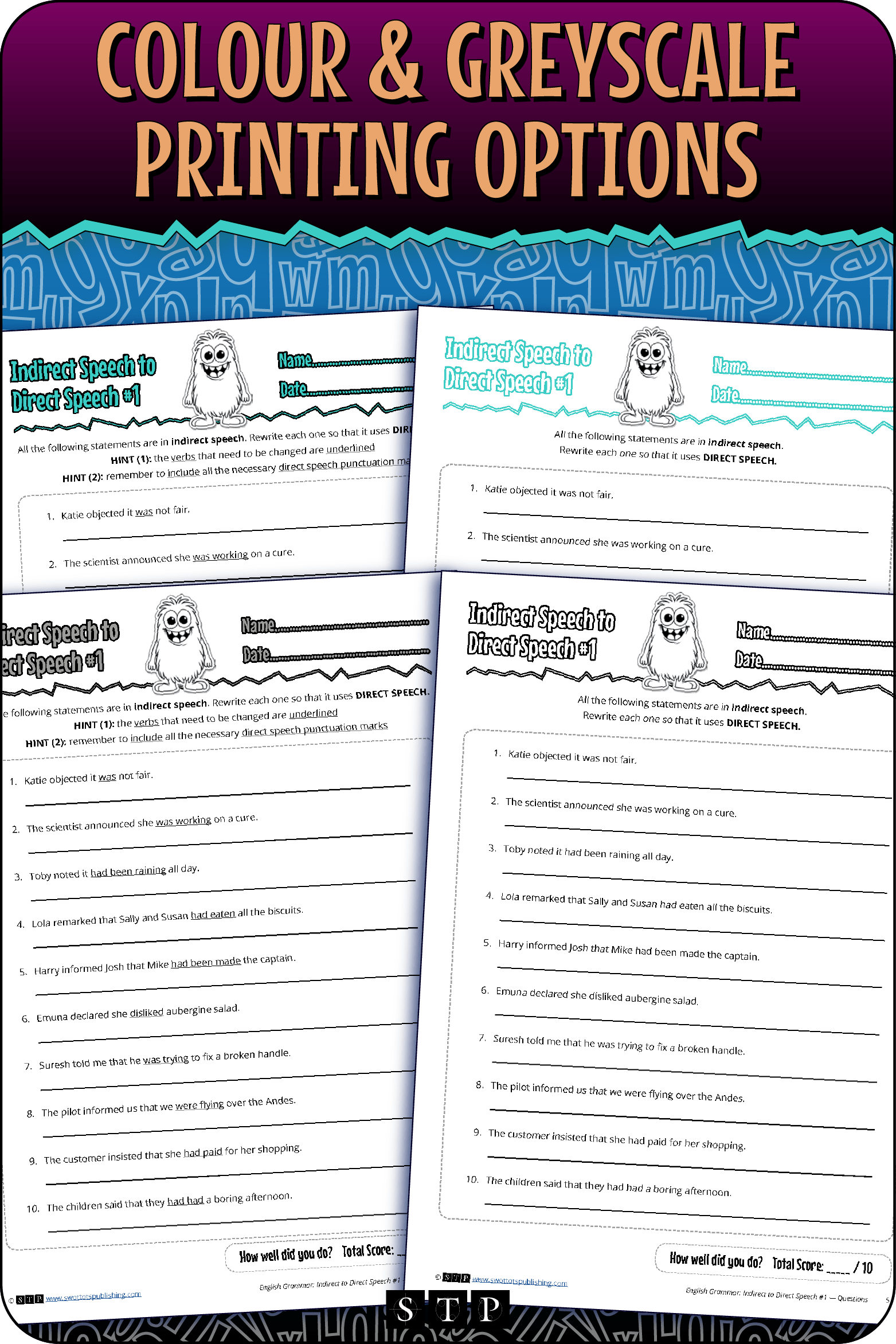 A 'look inside' preview showing the resource is available in both colour-accented and ink-friendly greyscale printing options.