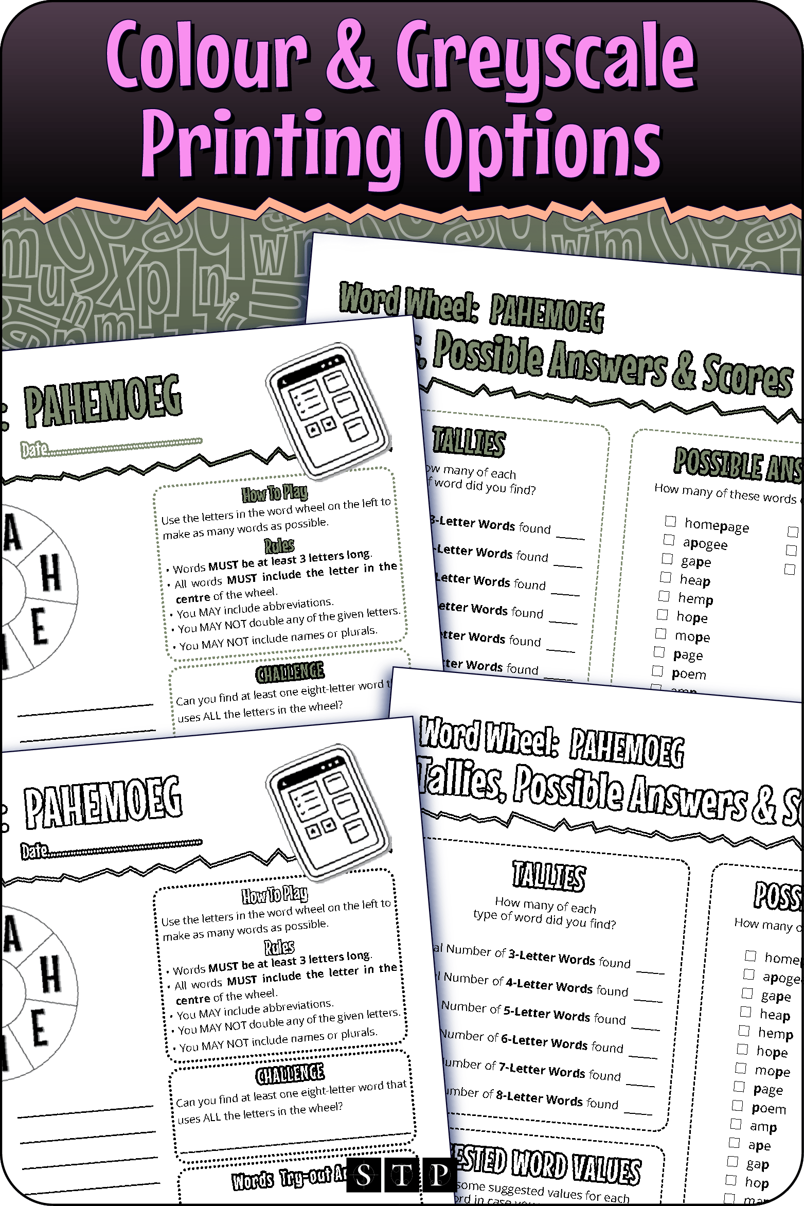 A 'look inside' preview showing the resource is available in both colour-accented and ink-friendly greyscale printing options.