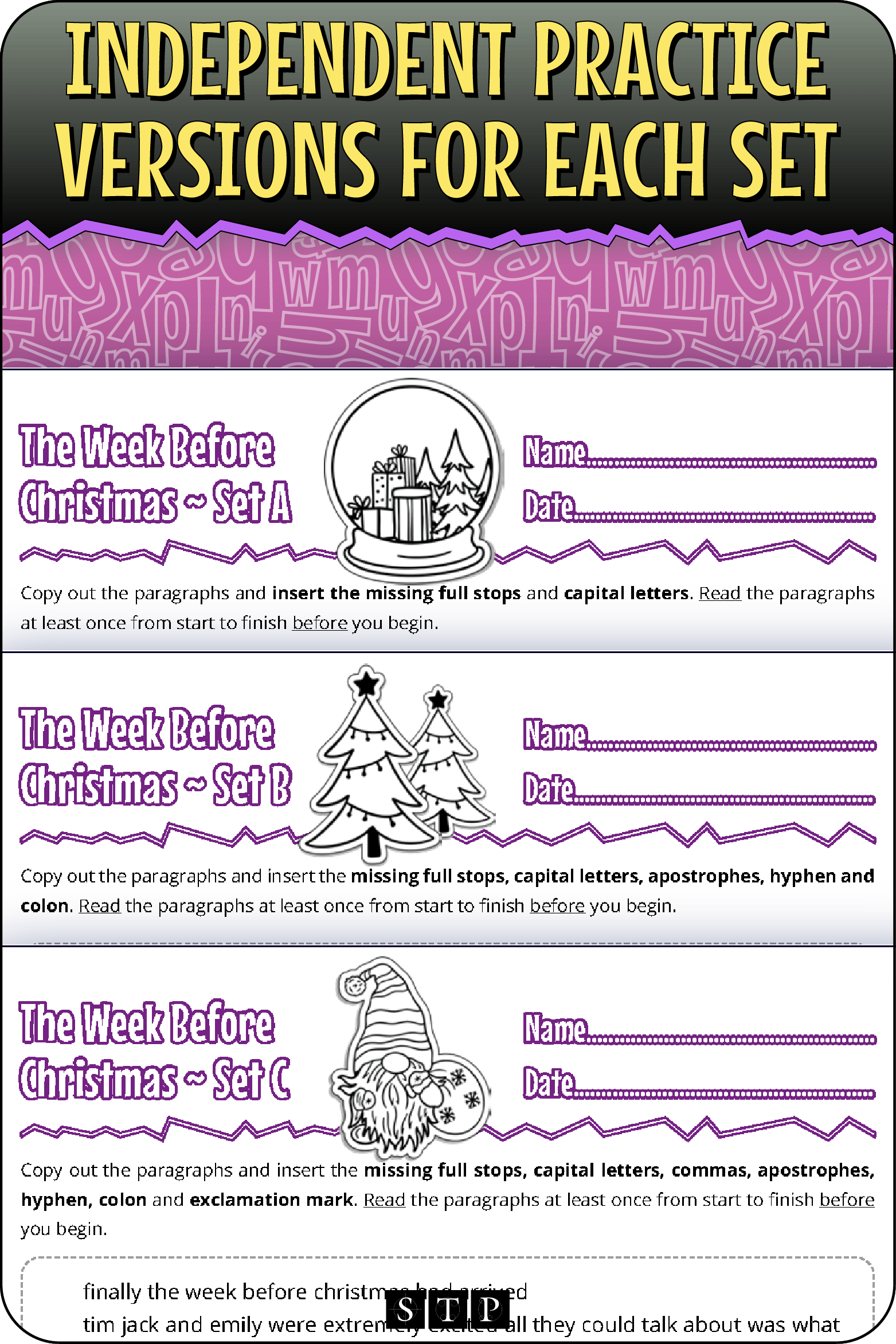 A 'look inside' preview showing the rubrics for the independent practice versions of the 'Week Before Christmas' paragraph punctuation worksheets.