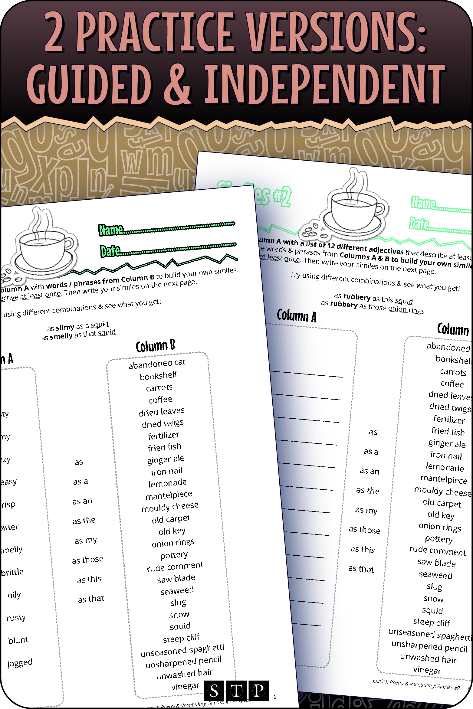 A 'look inside' preview showing the two differentiated activities: Version 1 (Guided Practice) with hints and Version 2 (Independent Practice).