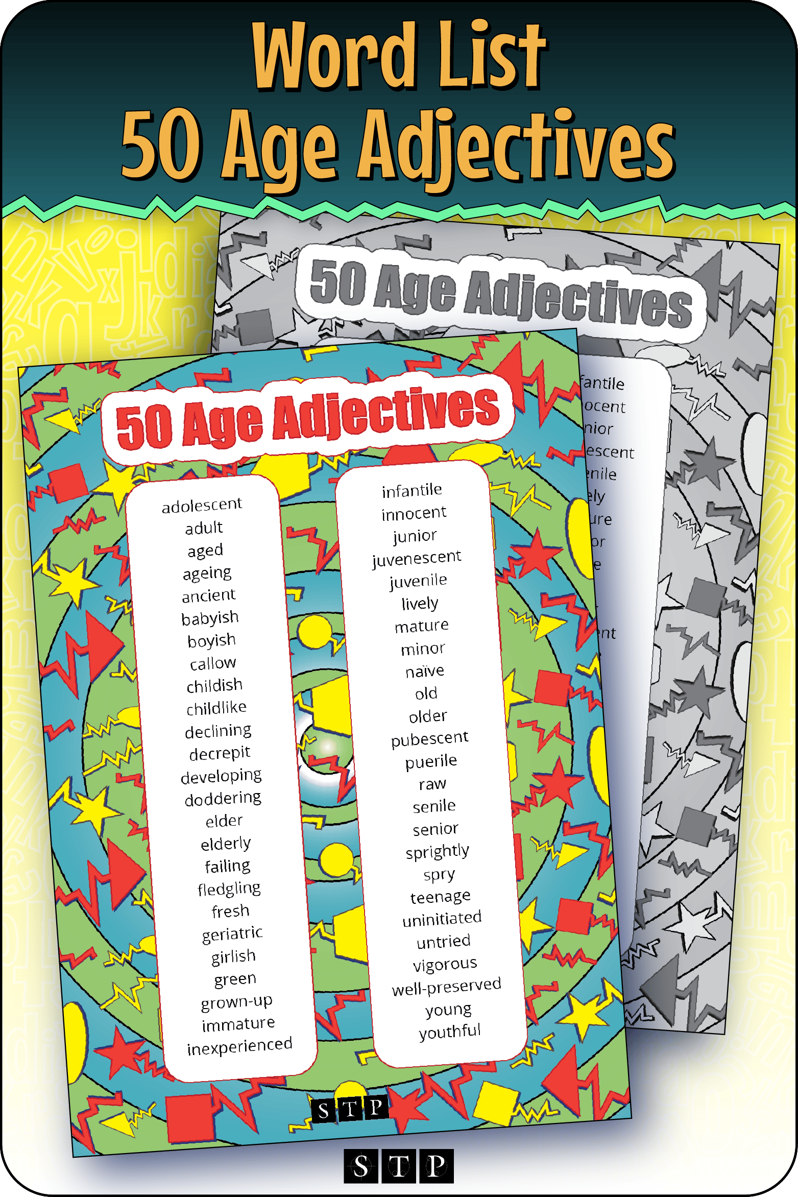 A mock-up of the '50 Age Adjectives' word list, a free vocabulary resource for download for Years 7 & 8.