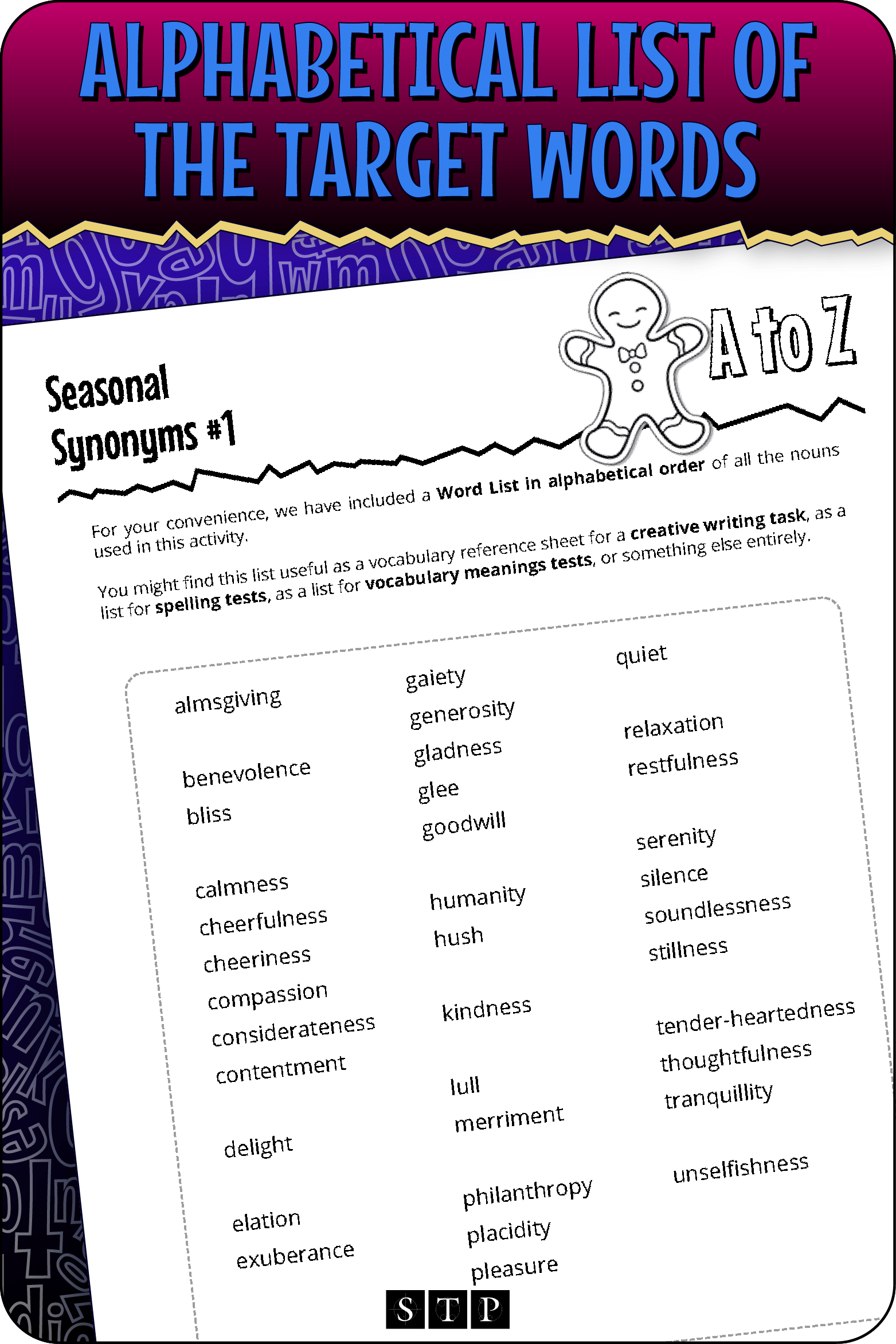 A 'look inside' preview showing the alphabetical list of target words used in the 'Seasonal Synonyms #1' activity.