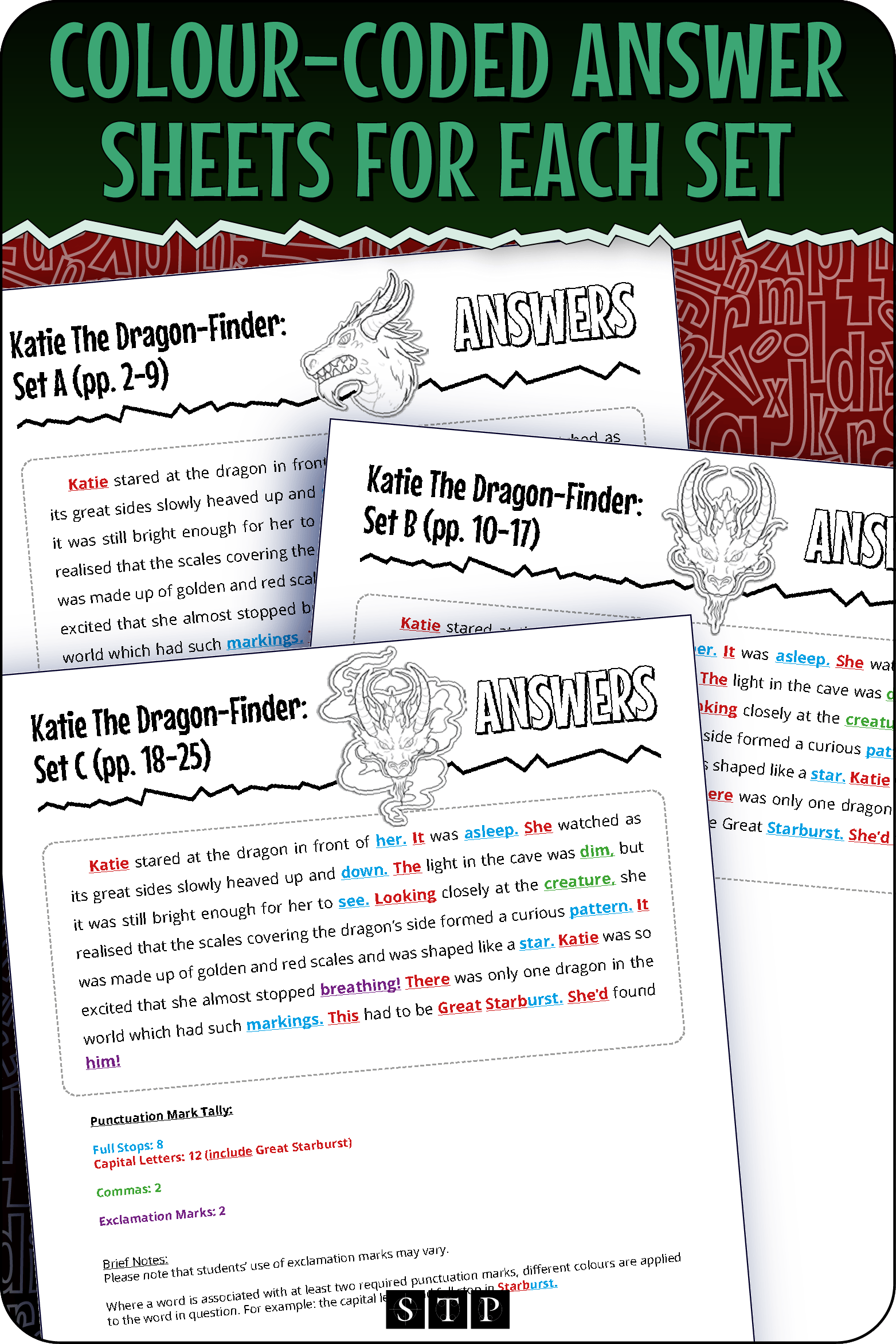 A 'look inside' preview showing the answers and marking guidelines for the 'Katie the Dragon-Finder' paragraph punctuation worksheets.