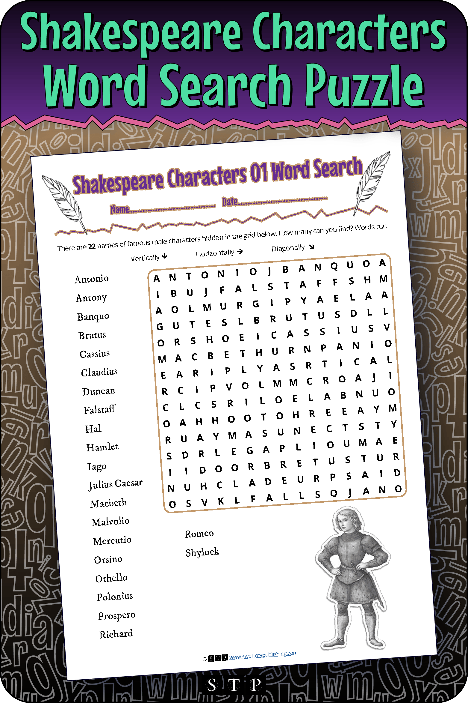 A mock-up of the 'Shakespeare Characters #1' word search puzzle, a free word game for download.