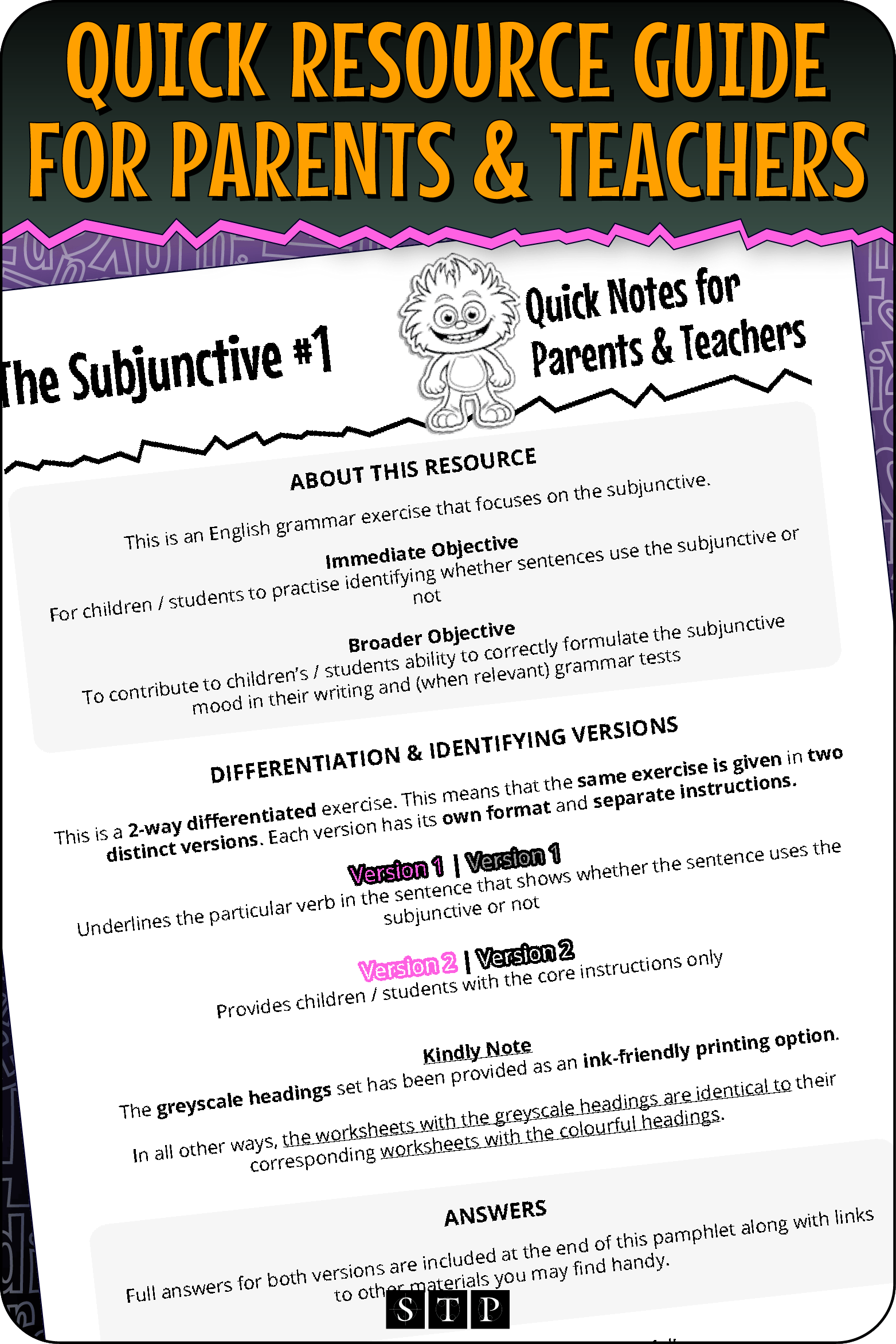 A 'look inside' preview highlighting the 'Quick Resource Guide for Parents & Teachers' included with the worksheets which explains the resource's learning objectives and differentiated versions.